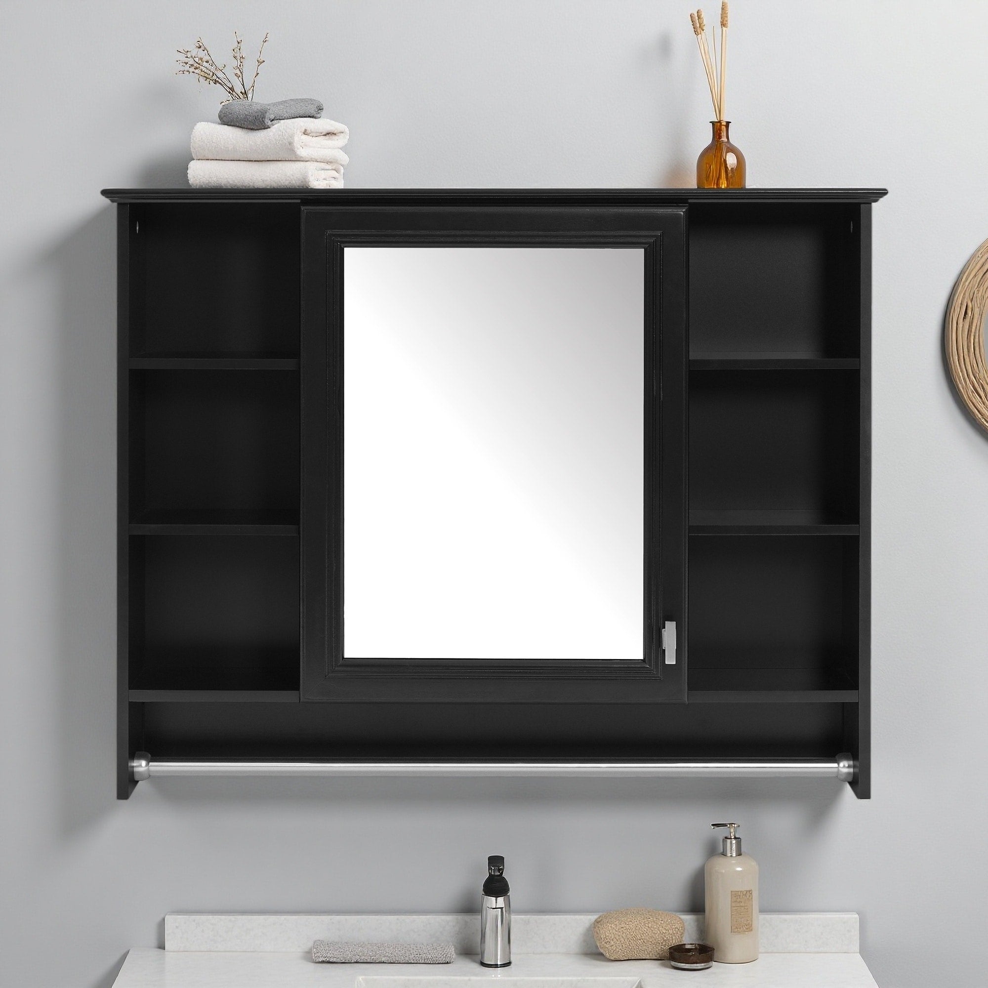 36 Inch Wall Mounted 3 In 1 Bathroom Mirror Cabinet With Adjustable Shelf Soft Close Door High Definition Mirror Towel Bar