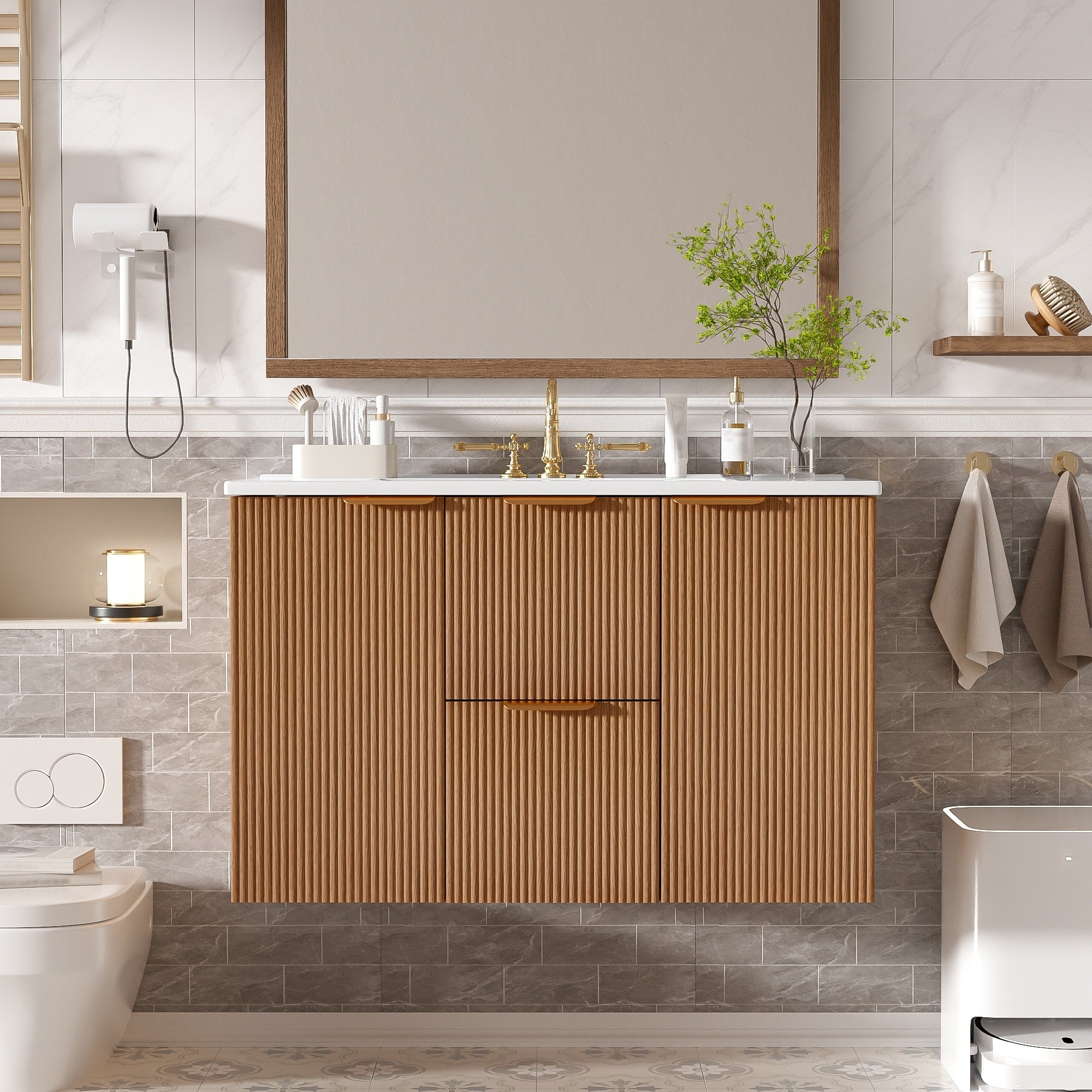 36 Inch With Ceramic Top Mdf Cabinet Soft Close Doors Divided Drawers Wall Mounted Modern Storage Vanity