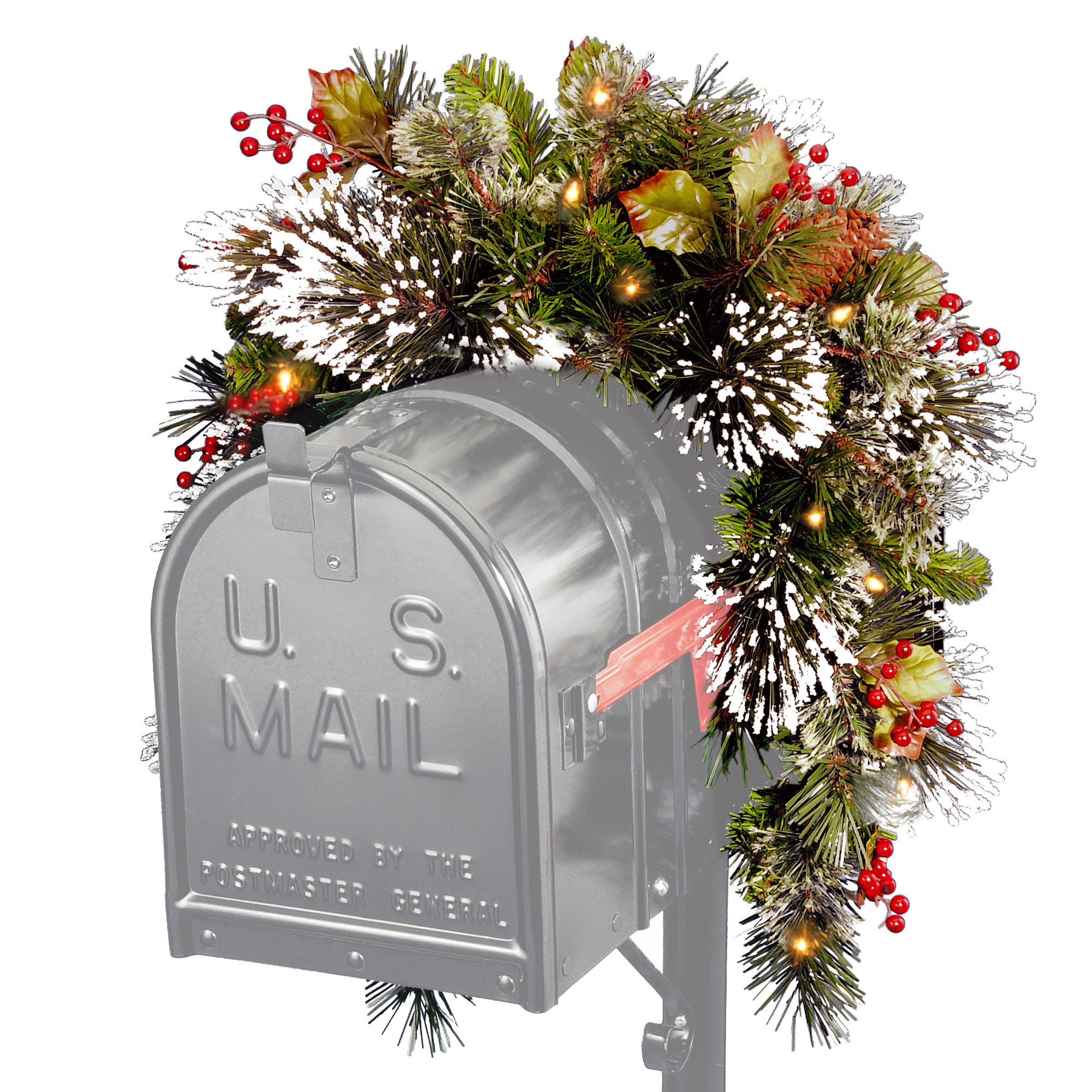 Wintry Pine 36 Inch Mailbox Swag With Battery Operated Warm White Led Lights