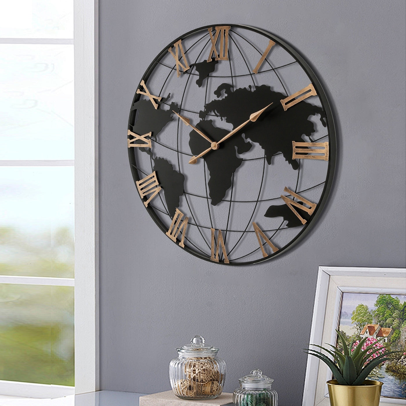 36 In Large Black Metal Gold Roman Numeral Silent World Map Wall Clock 35.5 In