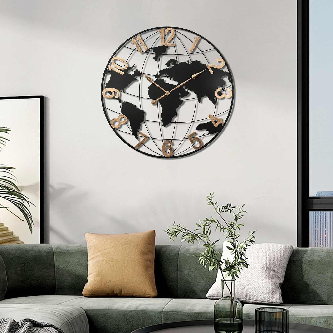 36 In Large Black Metal Modern Silent World Map Wall Clock 35.5 In