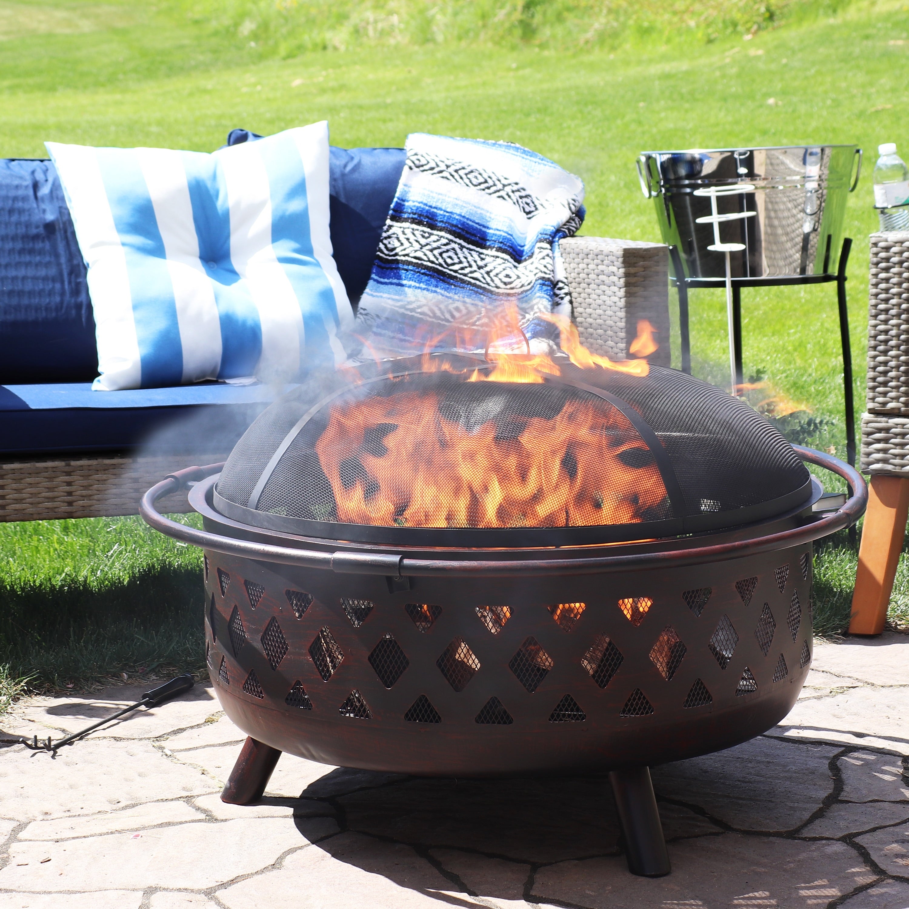 Sunnydaze Round Large Bronze Crossweave Fire Pit With Spark Screen 36 Inch