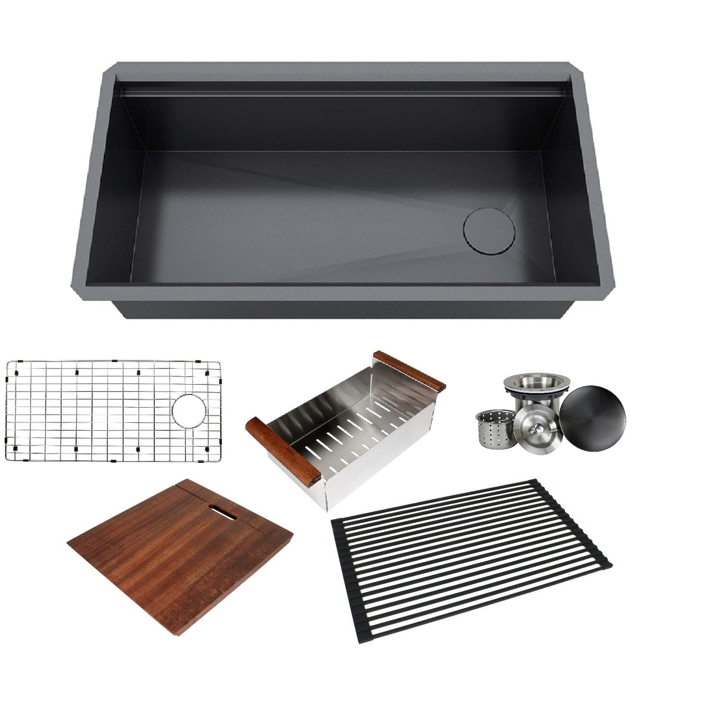 36 In. Stainless Steel Black All In One Workstation 16 Gauge Undermount Single Bowl Kitchen Sink Build In Ledge Accessories