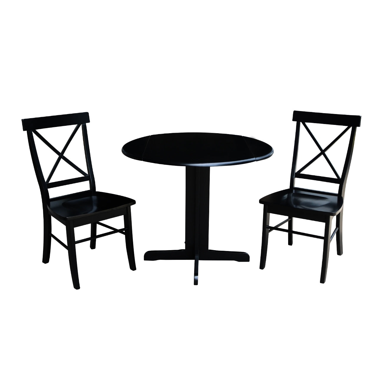 36 Inch Dual Drop Leaf Dining Table With Two X Back Chairs In Black Set Of 3