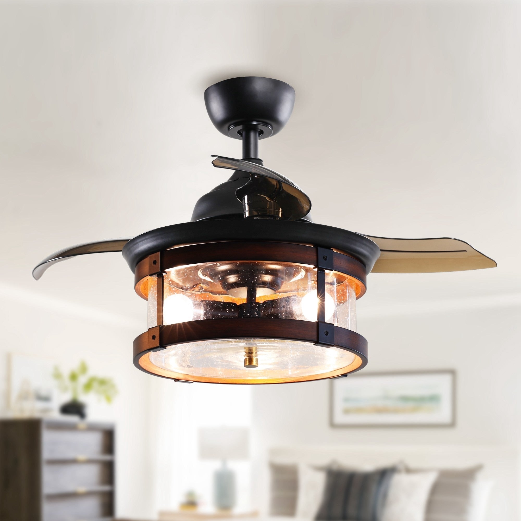 Industrial Retractable 3 Blade 36 In Ceiling Fan With Light Kit