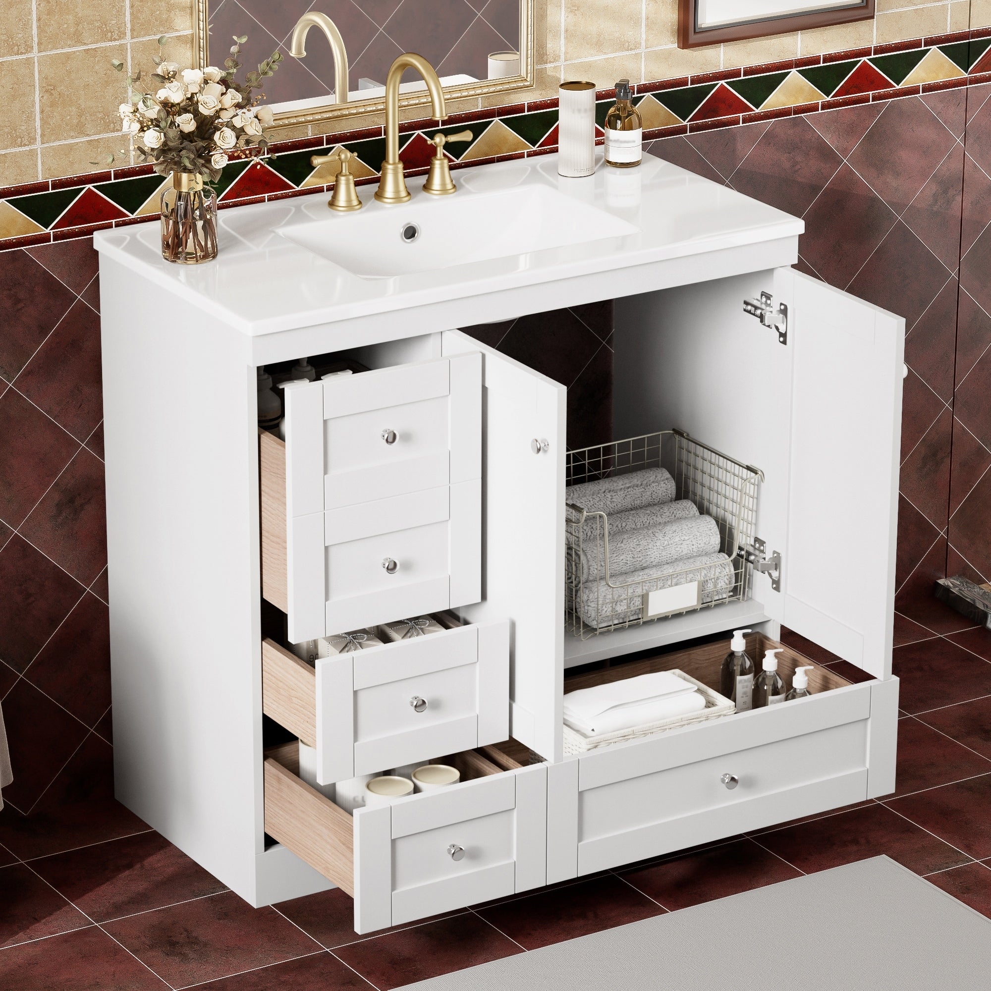 36 Inch Shaker Style Free Standing Bathroom Vanity Cabinet With Ceramic Sink 4 Soft Close Drawers And 2 Soft Close Doors