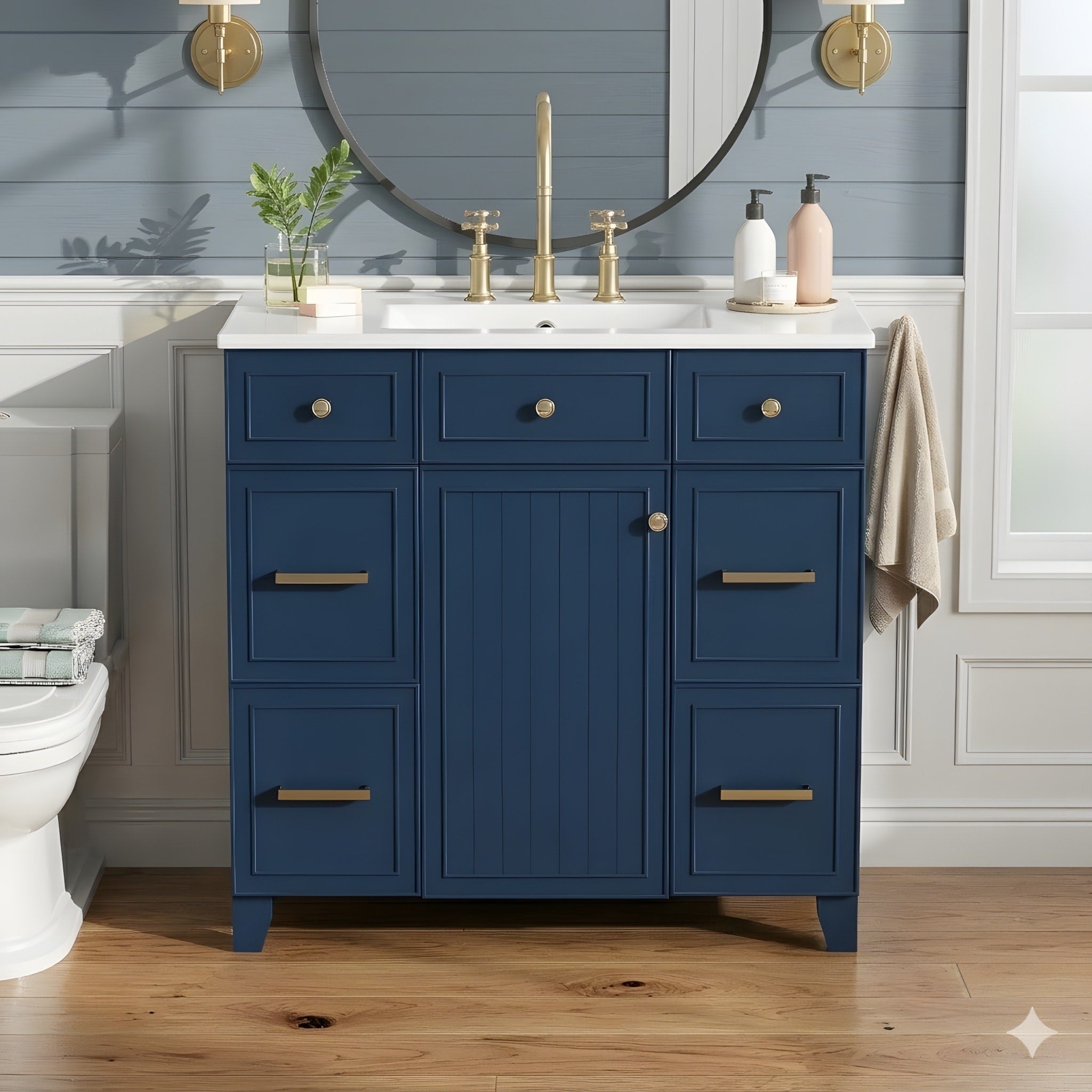 36 Inch Bathroom Vanity With A Ceramic Sink Soft Close Doors Adjustable Shelves And 3 Drawers