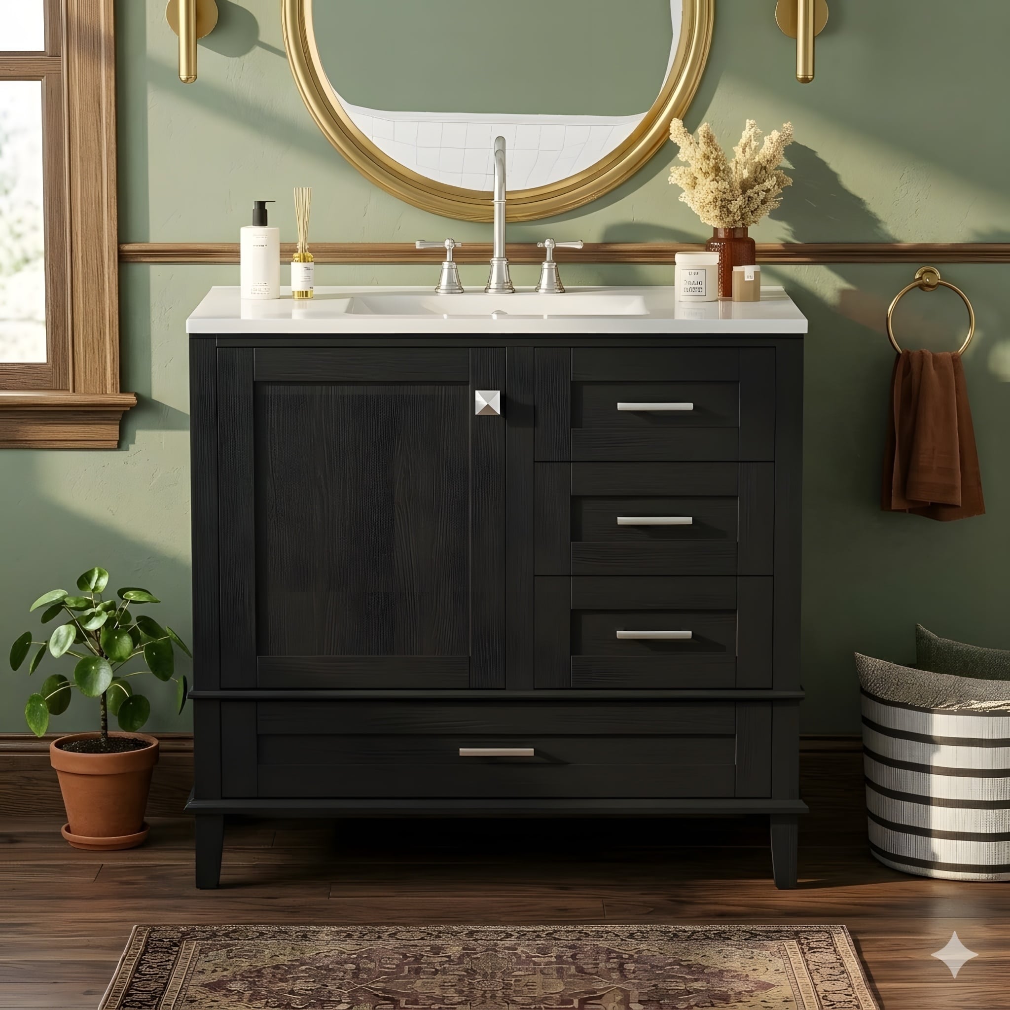 36 Inch Black Bathroom Vanity With A Solid Pine Frame 1 Soft Close Door And 3 Drawers