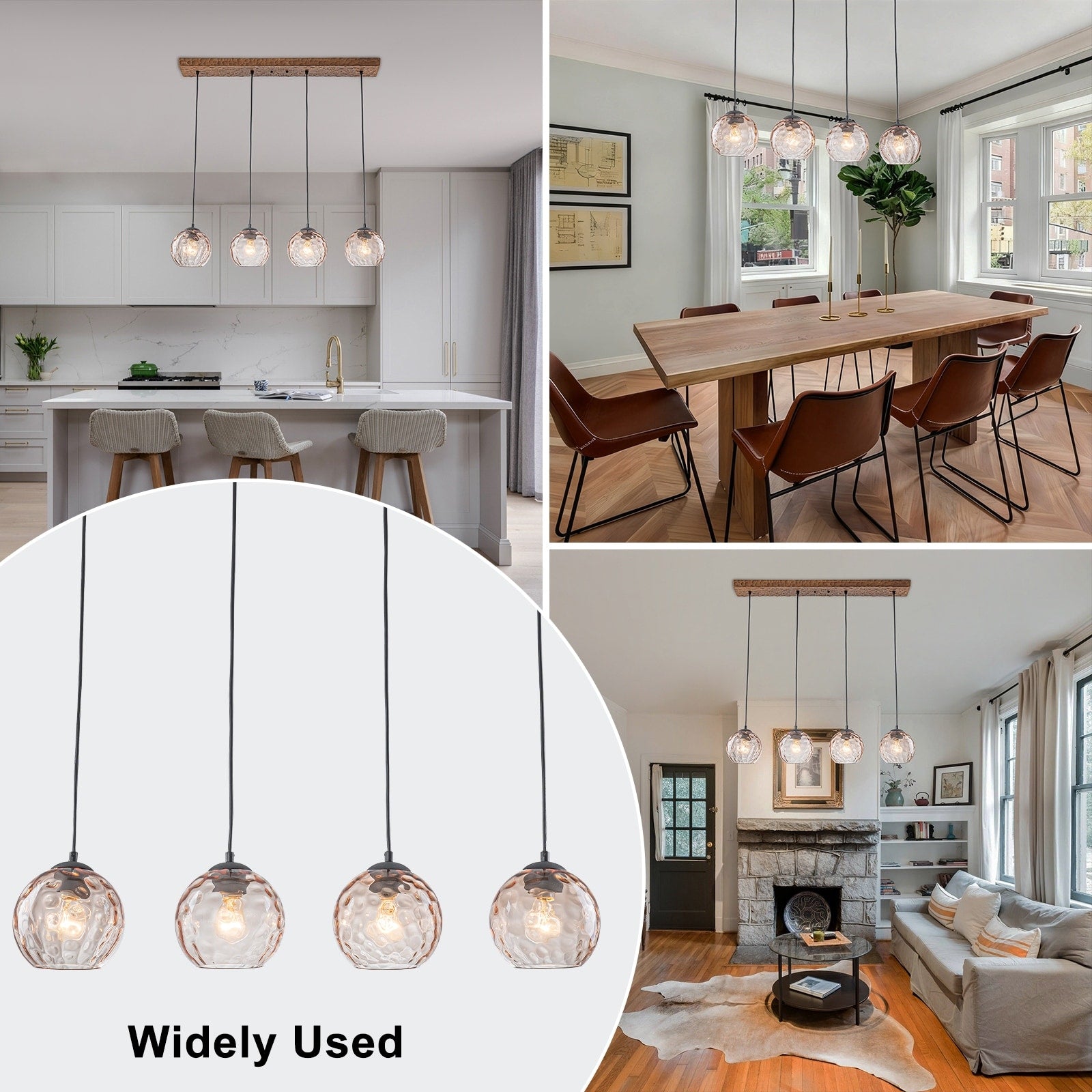 36.61 Inch 4 Light Vintage Wood Pendant Lights With Amber Glass Shades Dia.36.61 In