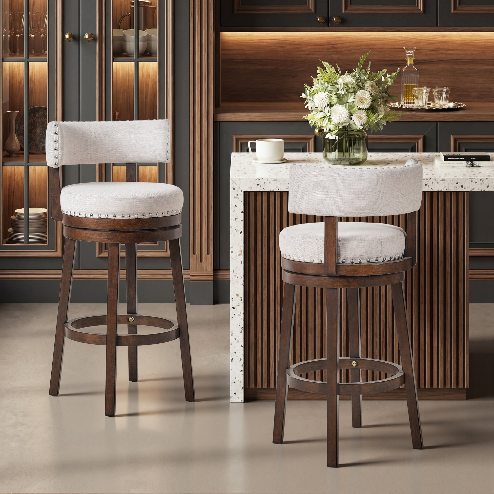 360 Degree Swivel Counter Height Bar Stool With Backrest Rubberwood Frame