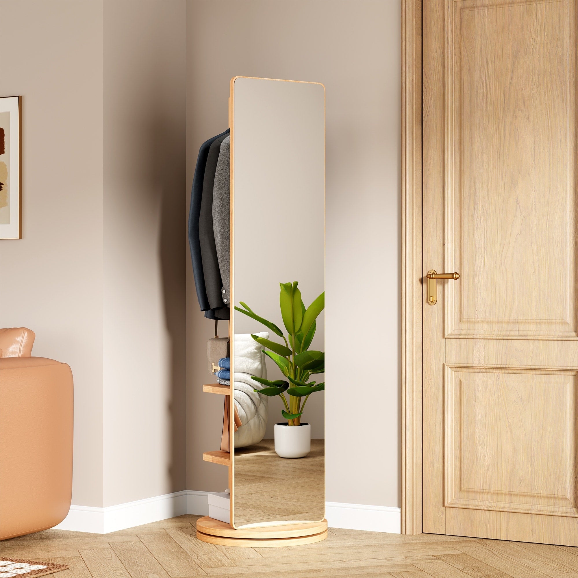 360 Rotating 66 Multifunctional Full Length Mirror With Hook Storage Rack Coat Rack For Bedroom Living Room