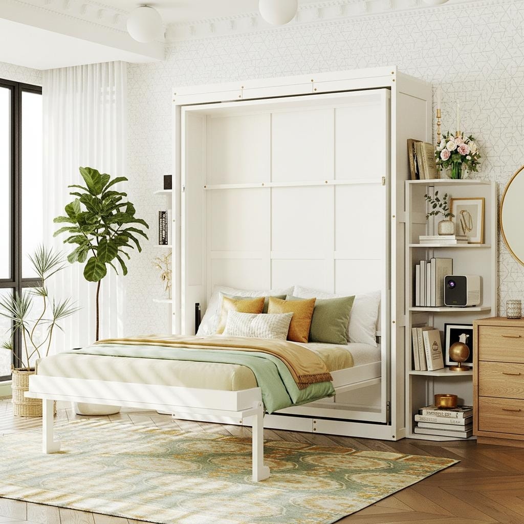 360 Rotating Queen Murphy Wall Bed With Hidden Cabinet Fold Down Desk Dual 3 Tier Bookcase Towers By Harper Bright Designs
