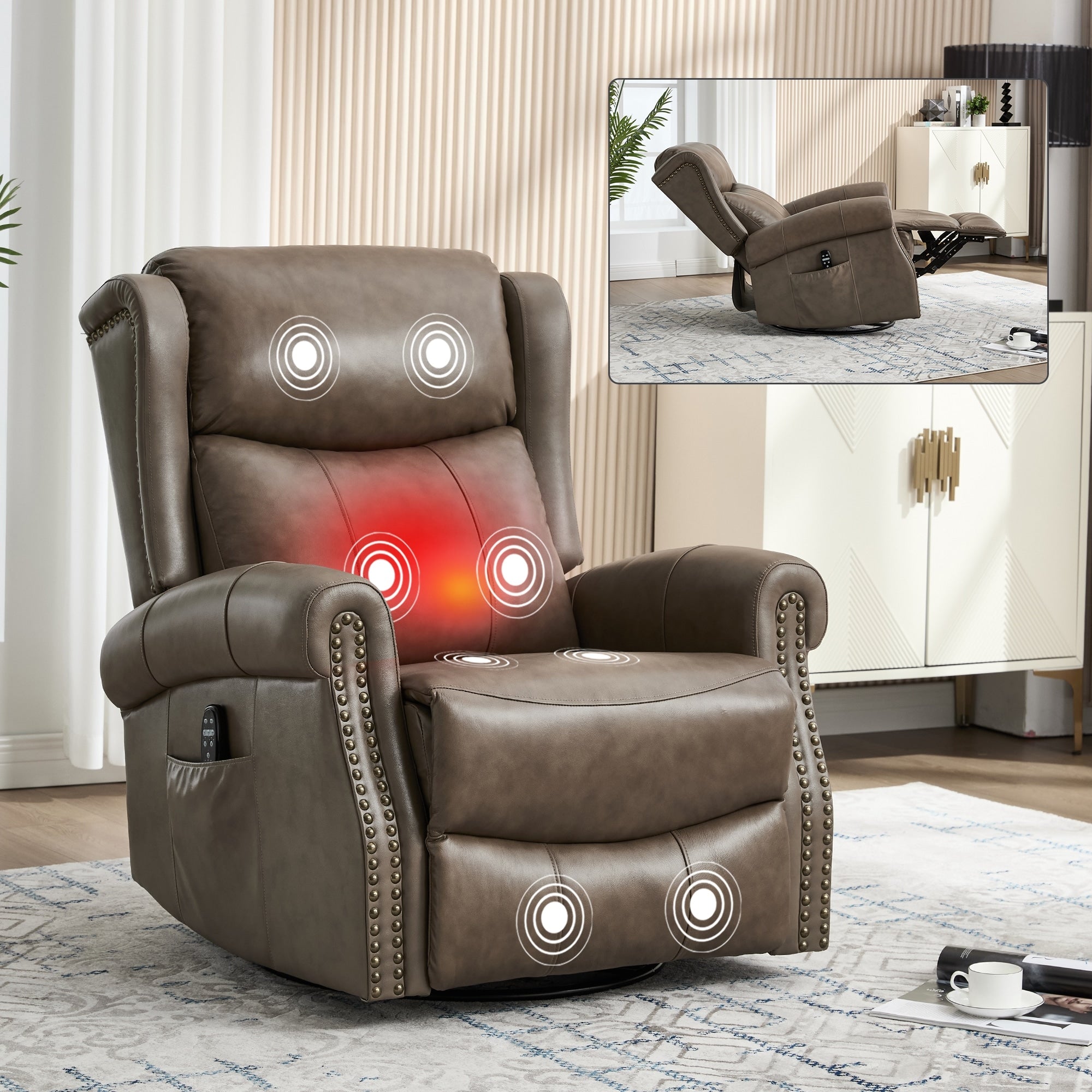 360 Swivel Rocking Recliner With Heat Massage Genuine Leather