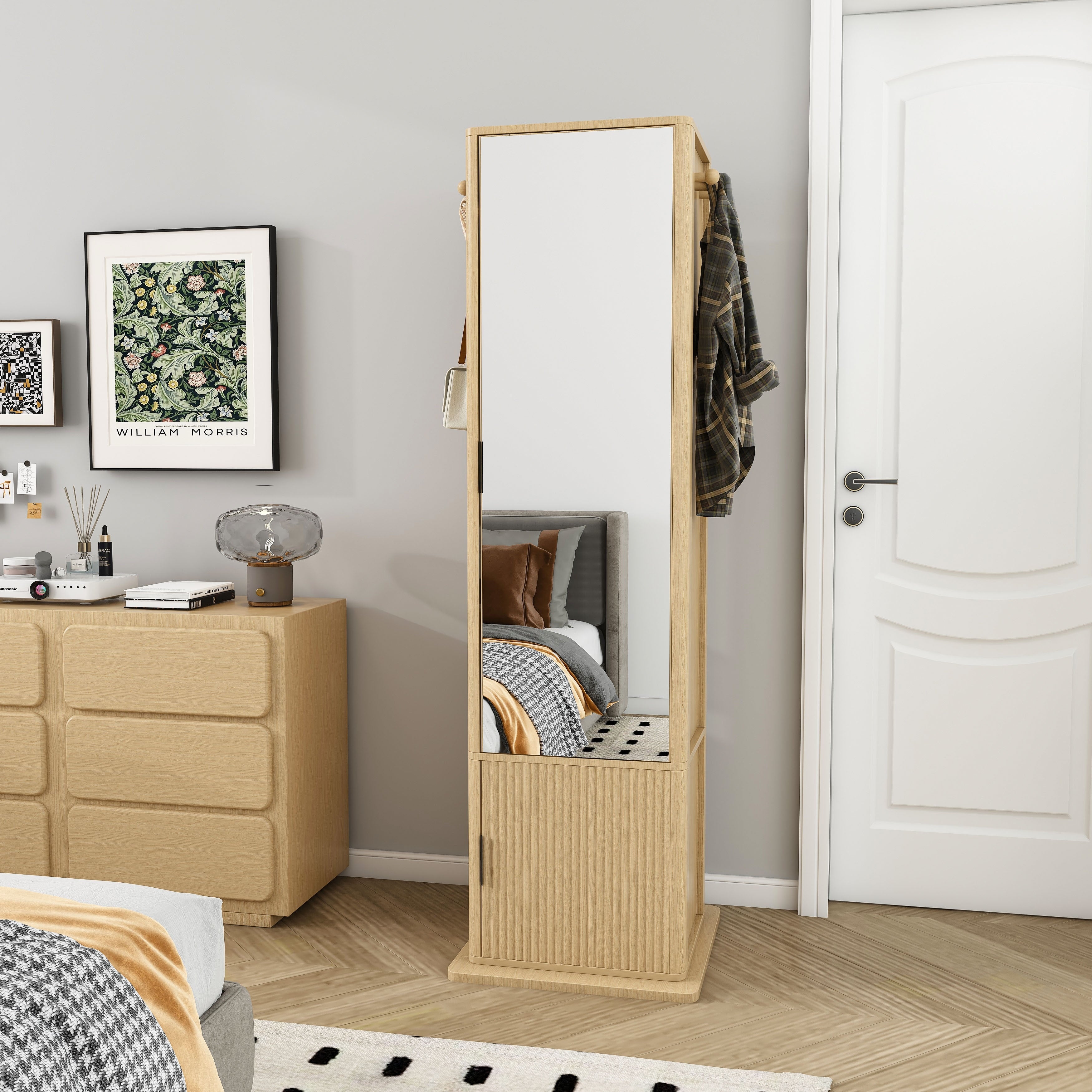 360 Rotating Makeup Cabinet Jewelry Cabinet With A Full Length Mirror Standing Storage Cabinet With A Coat Rack