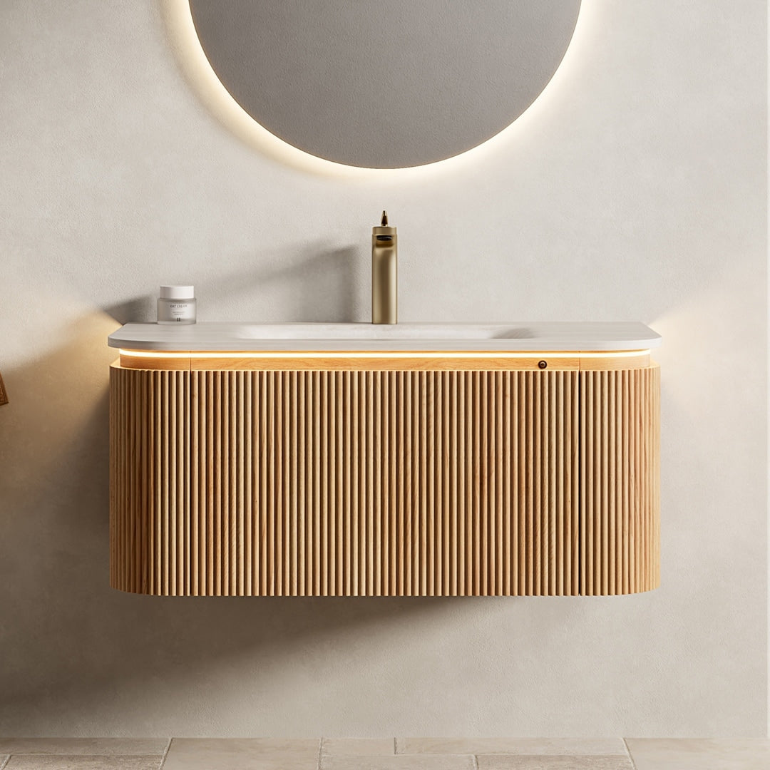 36 48 Floating Bathroom Vanity With Sink Sintered Stone Hot Press Integrated Basin Led Bathroom Vanity Cabinet