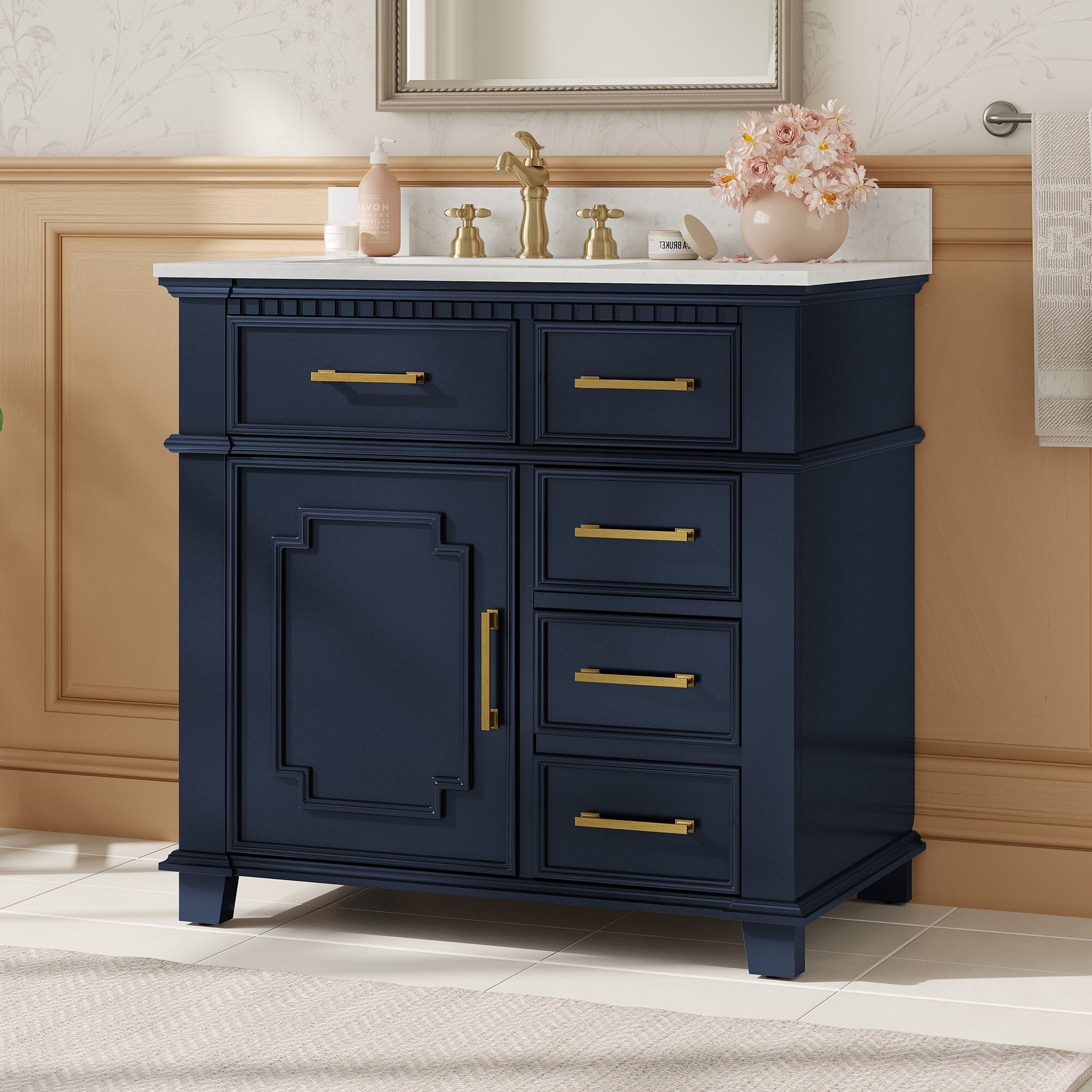 36 Bathroom Vanity Cabinet Set With 5 Drawers And Door Single Bathroom Vanity With Sink White