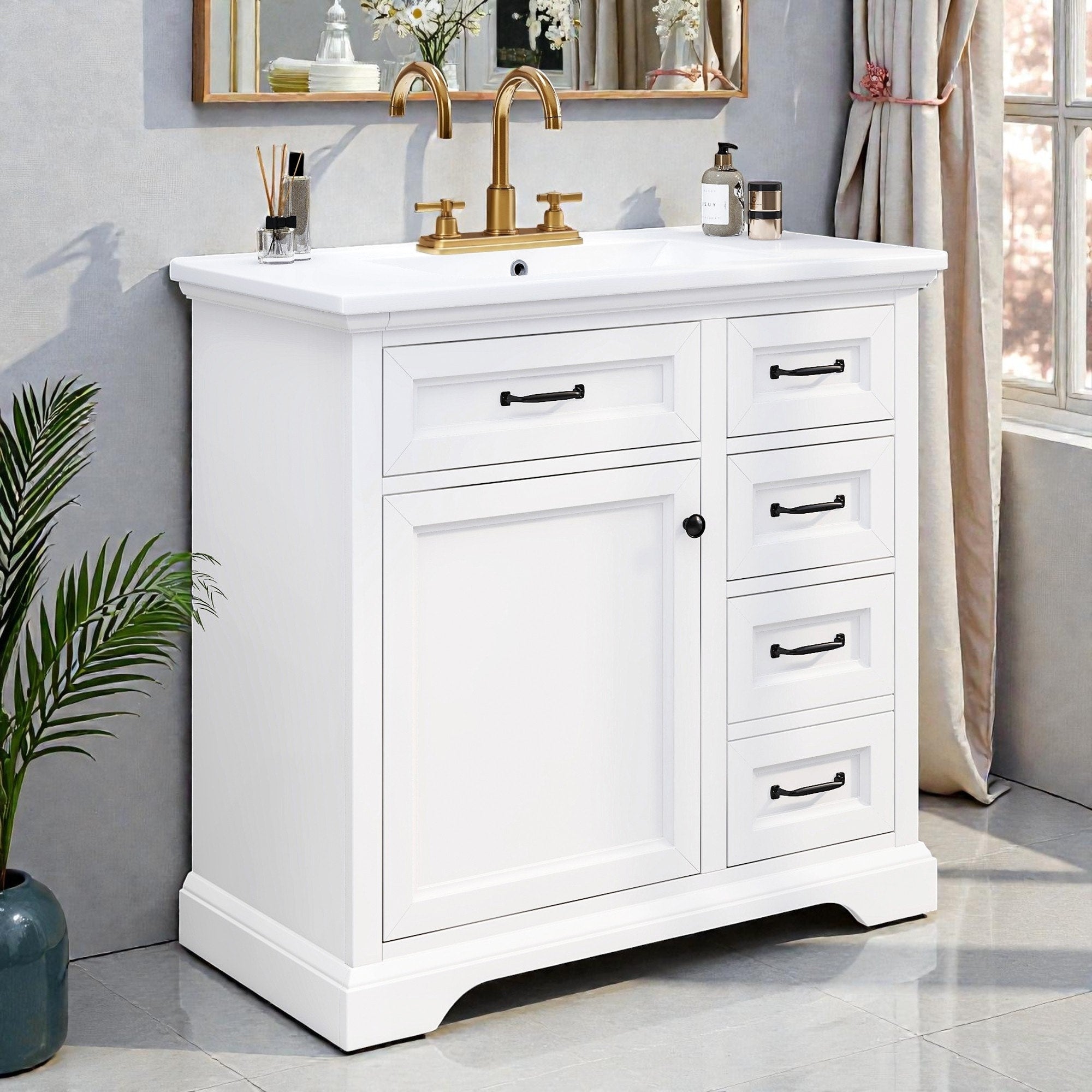 36 Bathroom Vanity With Ceramic Sink 2 Tip Out Drawers Soft Close Door Hinges Freestanding Mdf Rubber Wood Cabinet
