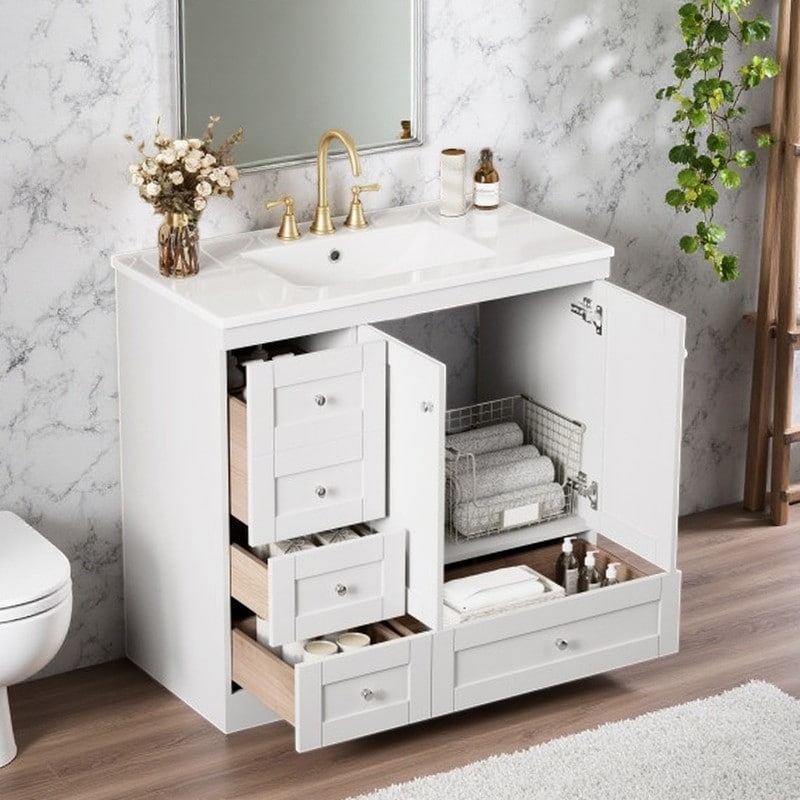 36 Bathroom Vanity With Ceramic Sink Freestanding White Cabinet With 4 Soft Close Drawers 2 Doors Mdf Frame