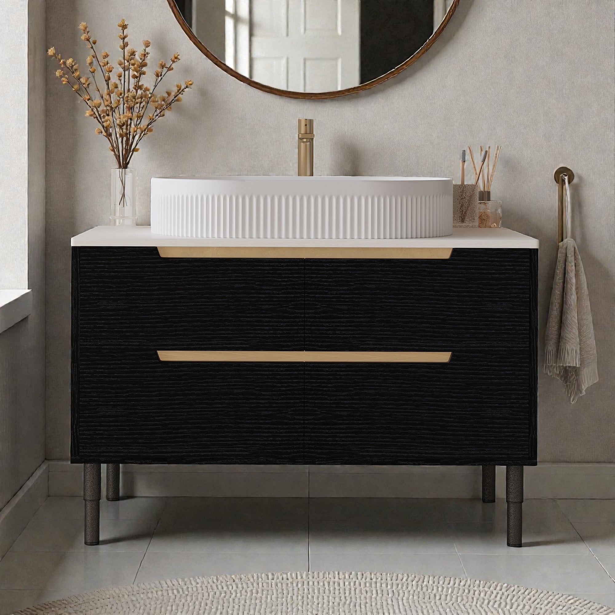 36 Bathroom Vanity With Integrated Ceramic Sink Freestanding Or Wall Mounted 4 Soft Close Drawers Adjustable Metal Legs