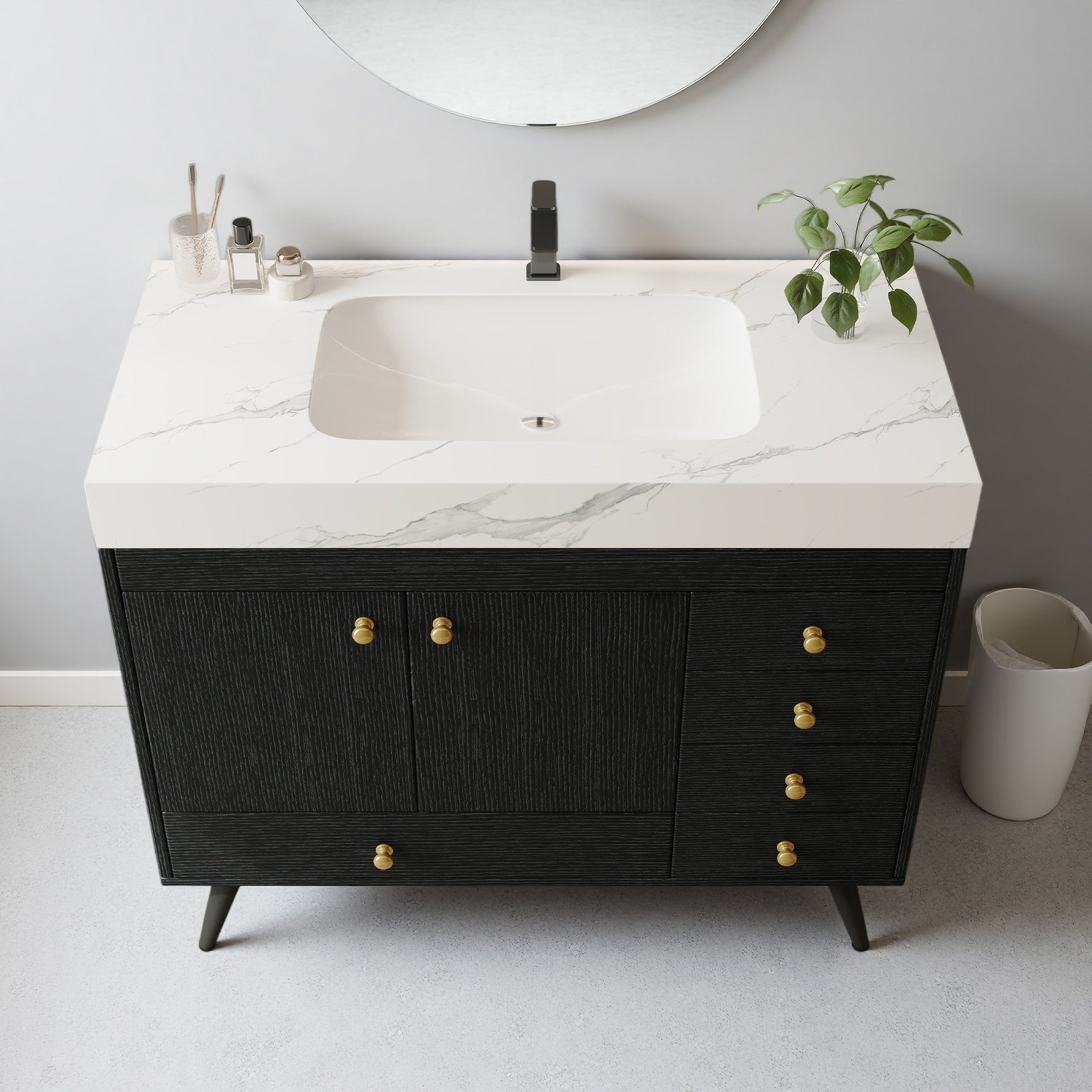 36 Engineered Wood Freestanding Bathroom Vanity With Faux Marble Top Ceramic Sink 5 Drawers And Stainless Steel Legs