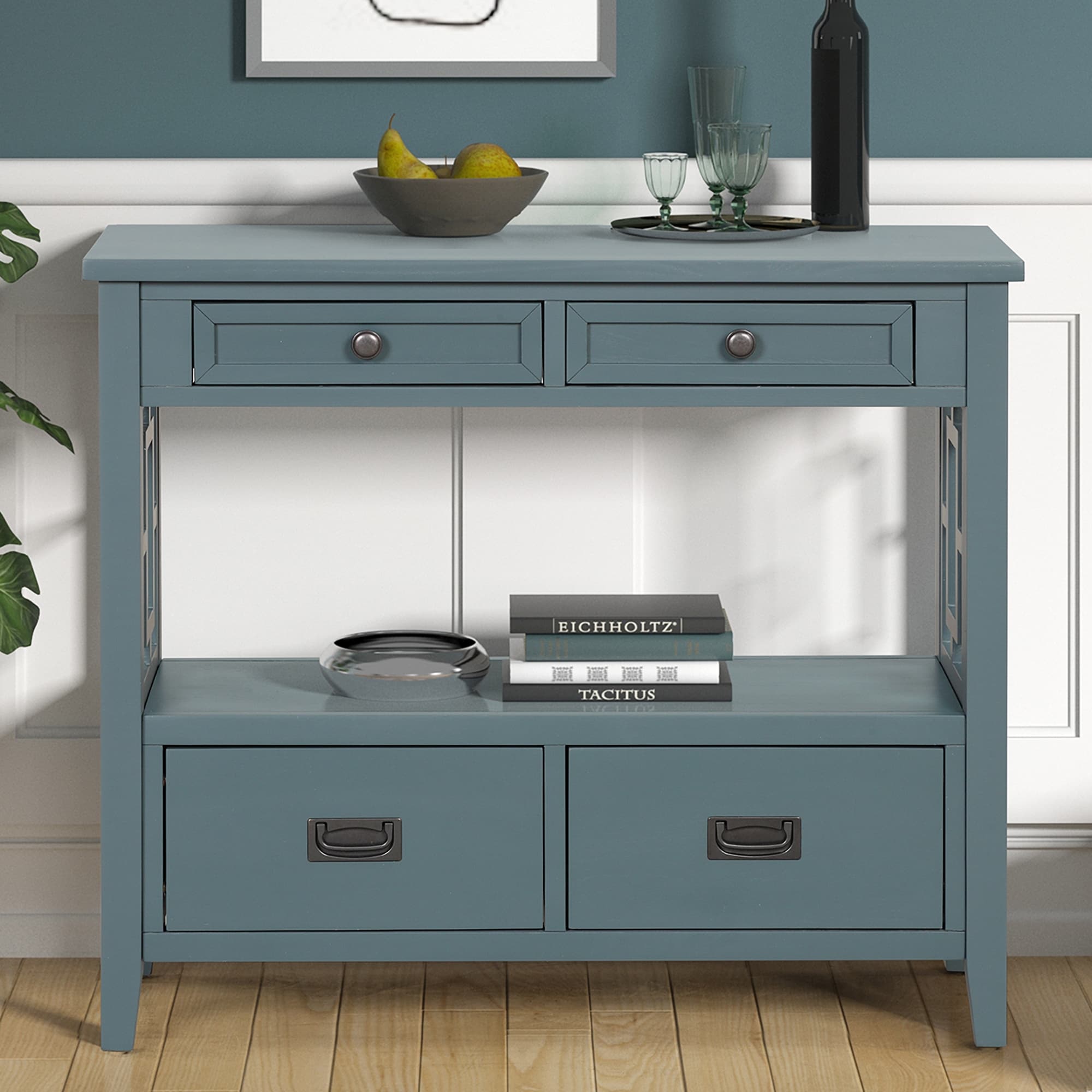 36 Farmhouse Pine Wood Console Table With 4 Drawers 1 Storage Shelf