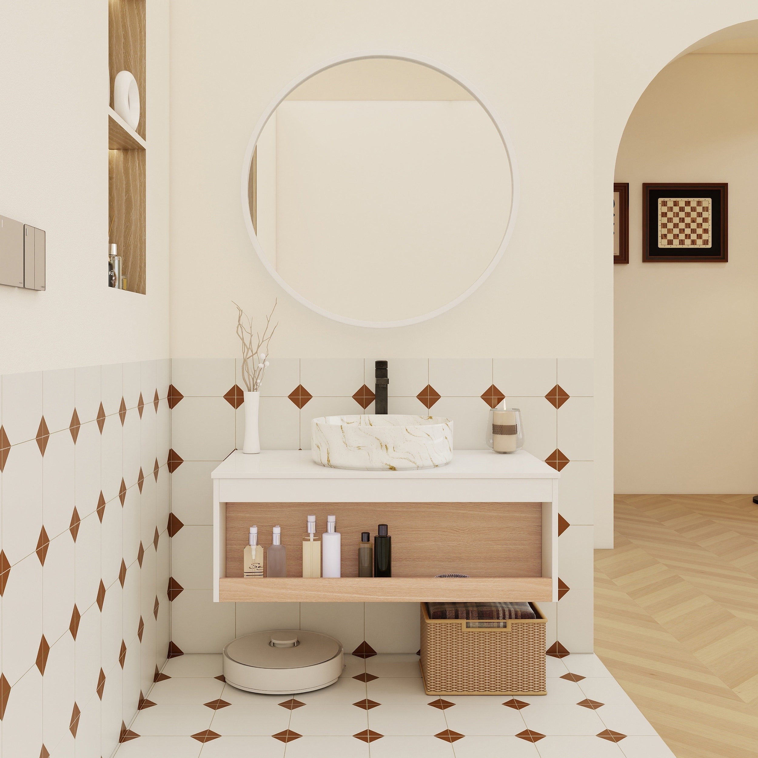 36 Floating Bathroom Vanity With Gold Vein Marble Vessel Sink Wall Mounted Vanity With Open Shelf Storage