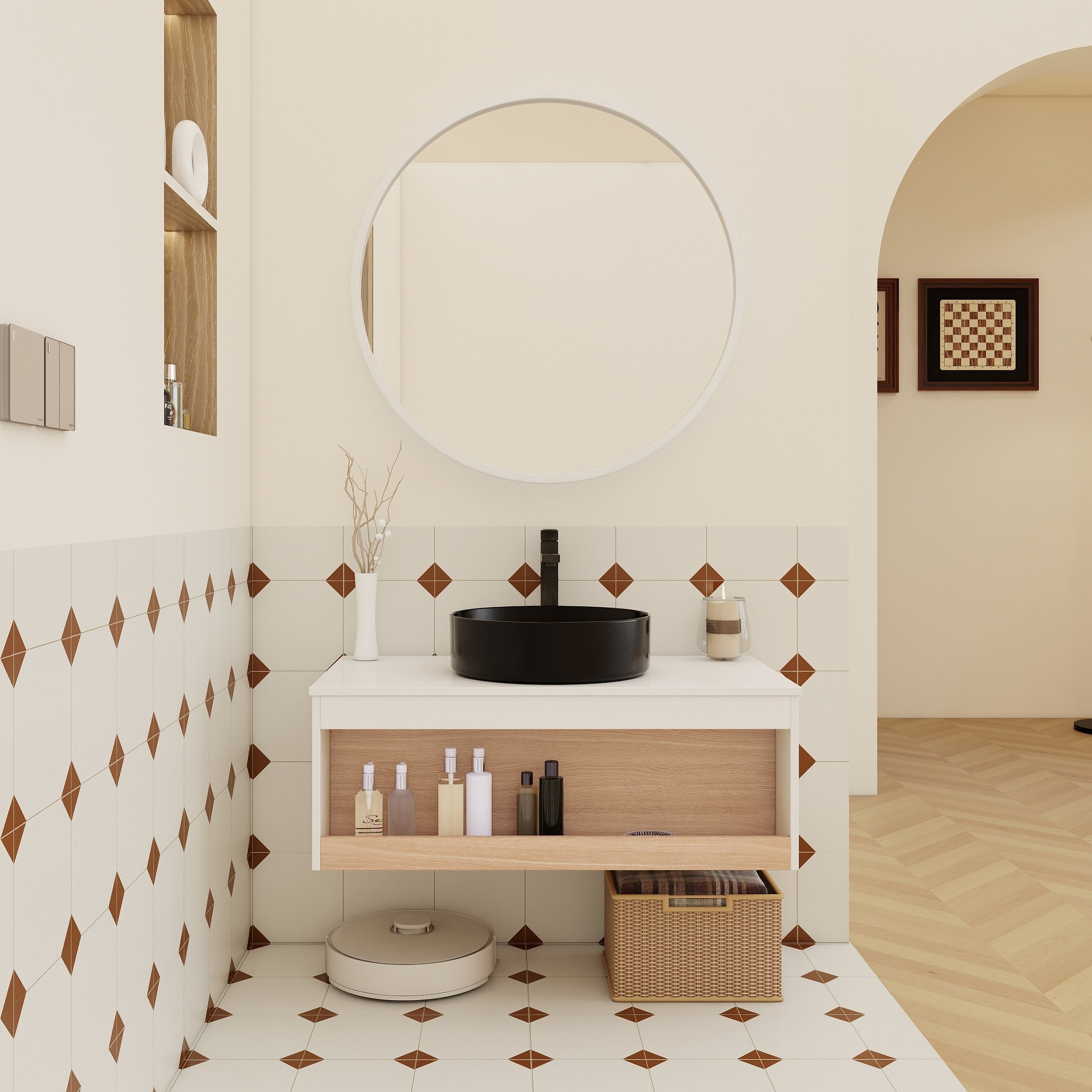 36 Floating Bathroom Vanity With Round Vessel Sink Wall Mounted Vanity With Open Shelf Storage Space Saving Modern Design