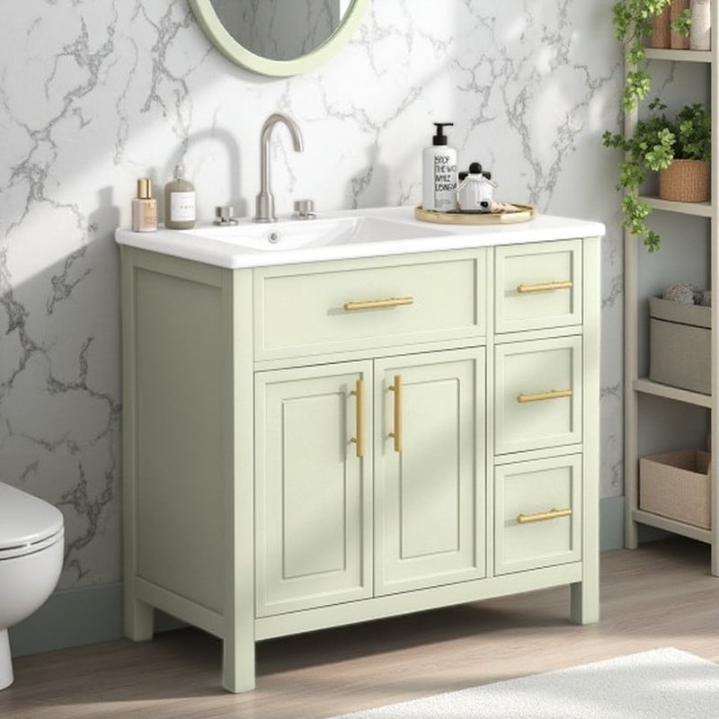 36 Freestanding Bathroom Vanity With Ceramic Sink Single Sink Cabinet With 2 Doors 3 Drawers Painted Finish Storage Vanity