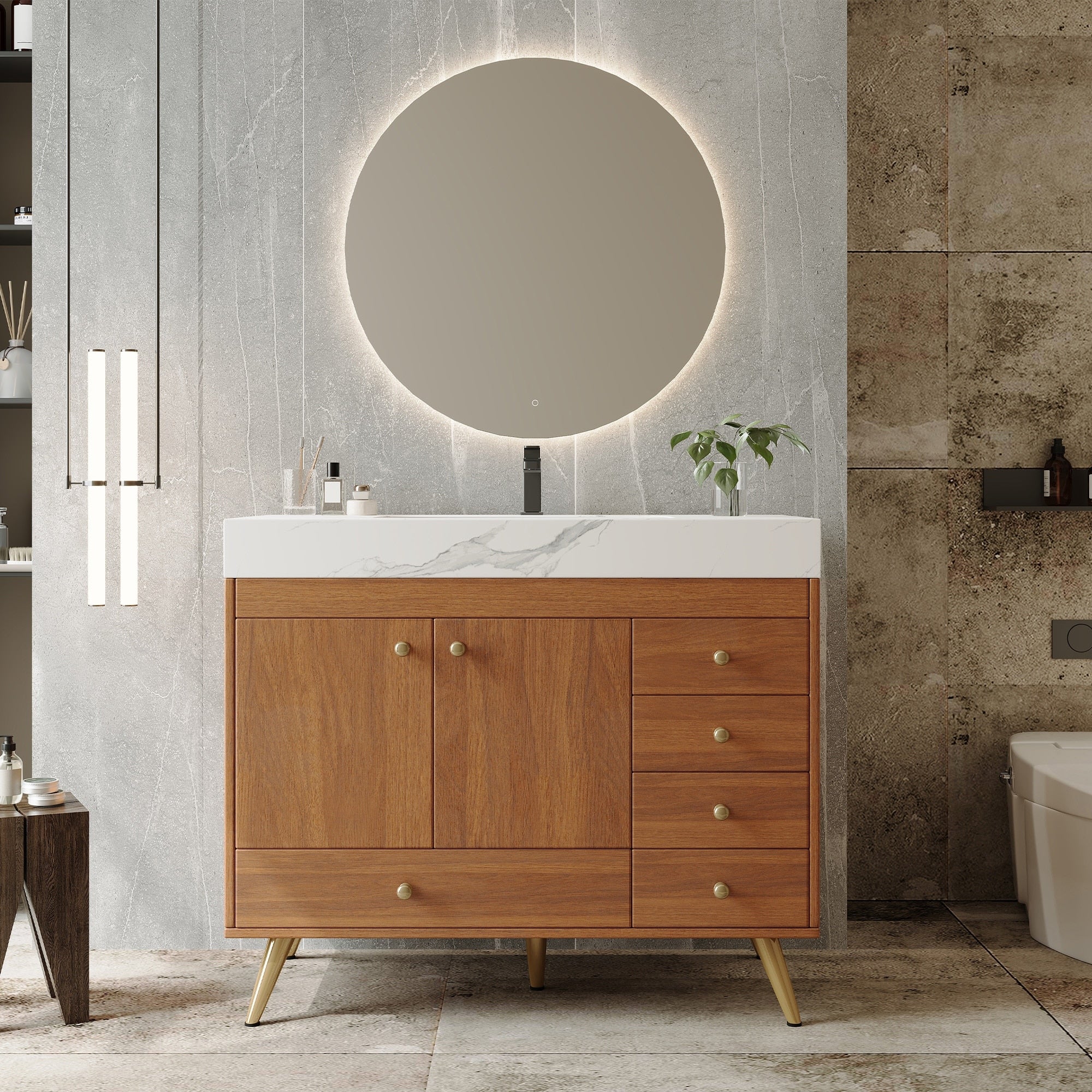 36 Freestanding Bathroom Vanity With Faux Marble Top Ceramic Sink 5 Drawers Stainless Steel Legs