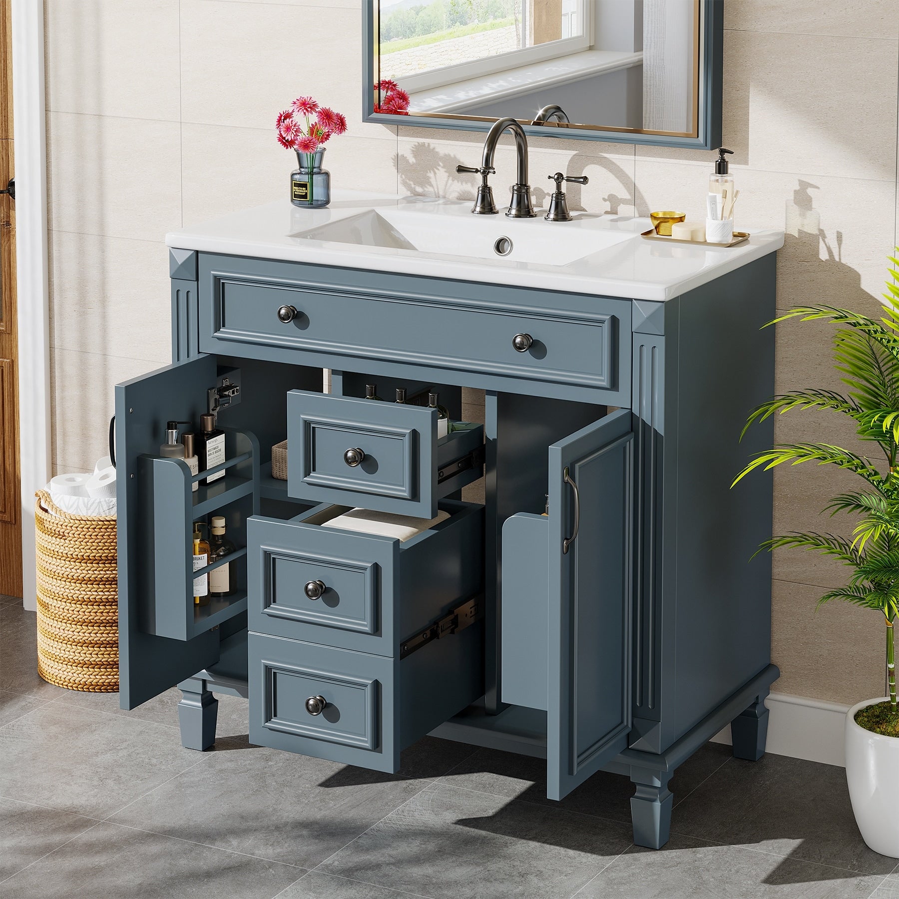 36 Freestanding Bathroom Vanity With Sink 2 Drawers 2 Door Organizers