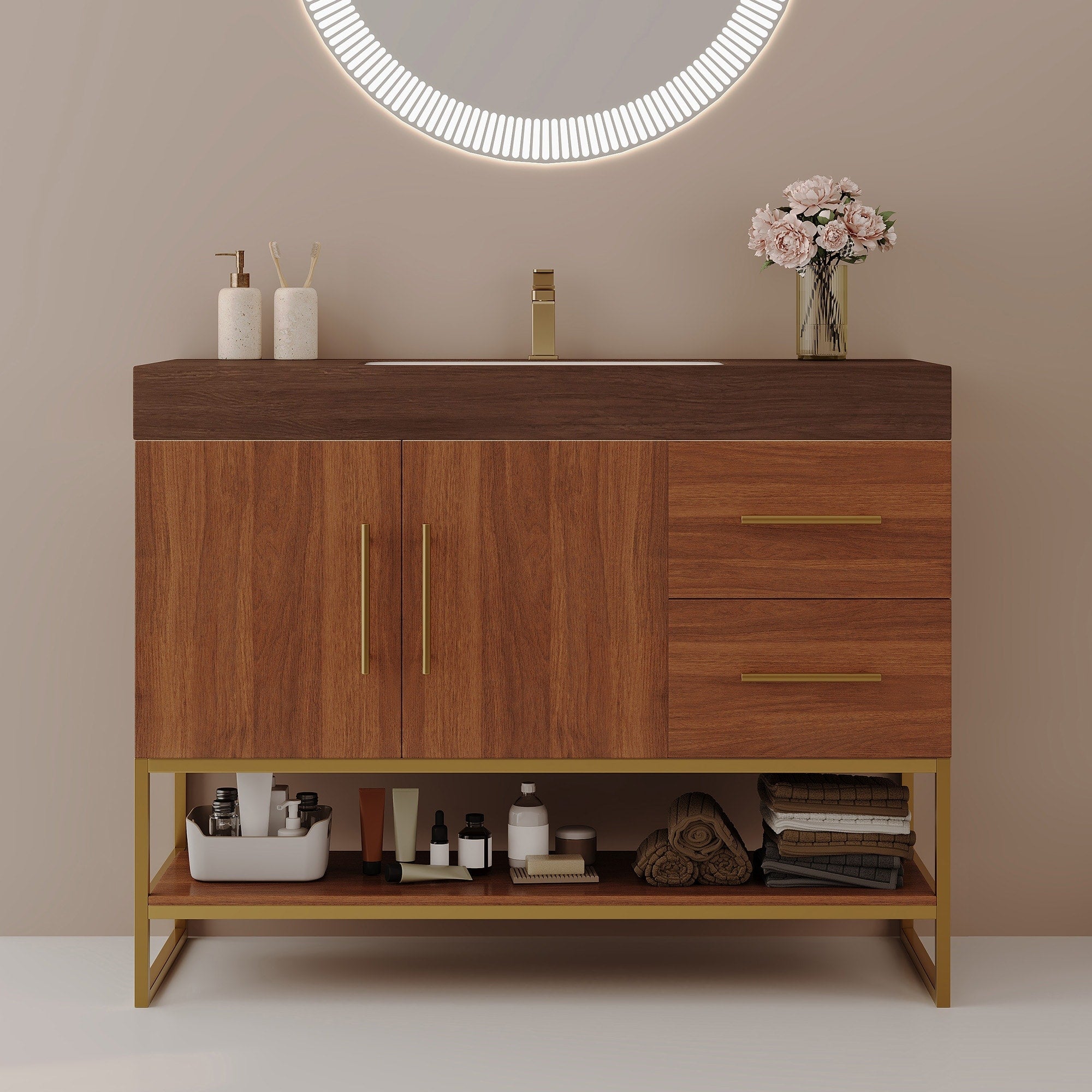 36 Modern Bathroom Vanity With Seamless Ceramic Sink Gold Accent Free Standing Cabinet