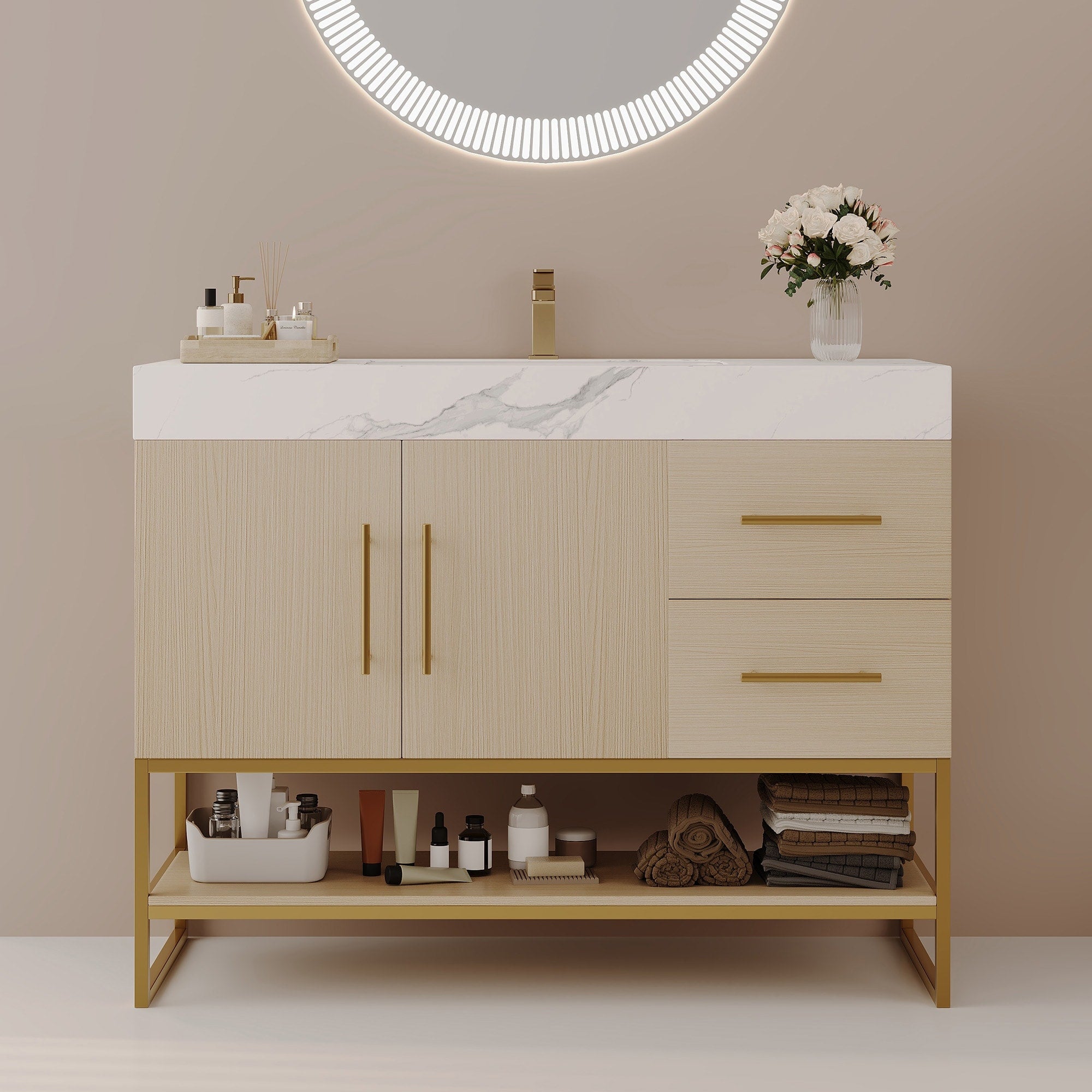 36 Modern Bathroom Vanity With Seamless Ceramic Sink Gold Accent Free Standing Cabinet