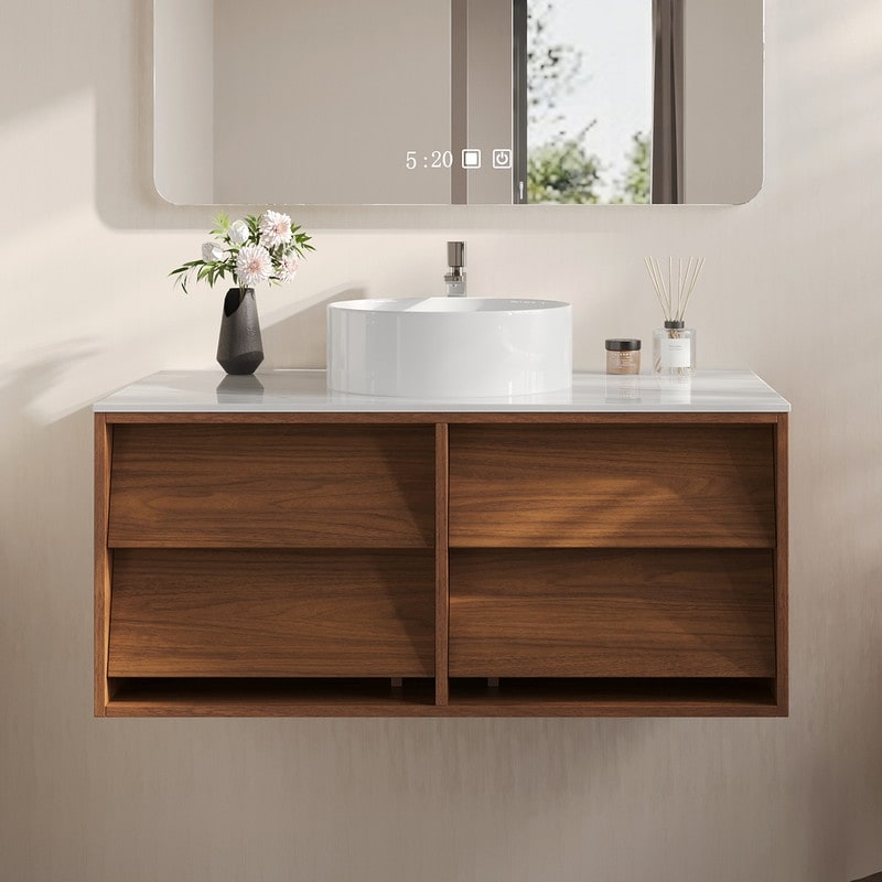 36 Modern Floating Bathroom Vanity Brown Wood Cabinet With 4 Drawers Single Sink With White Ceramic Top