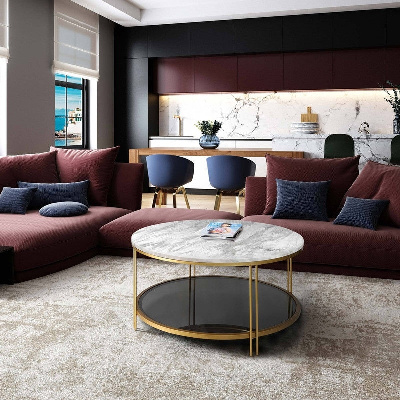 Round Coffee Table With Marble Table Top And Storage Shelf