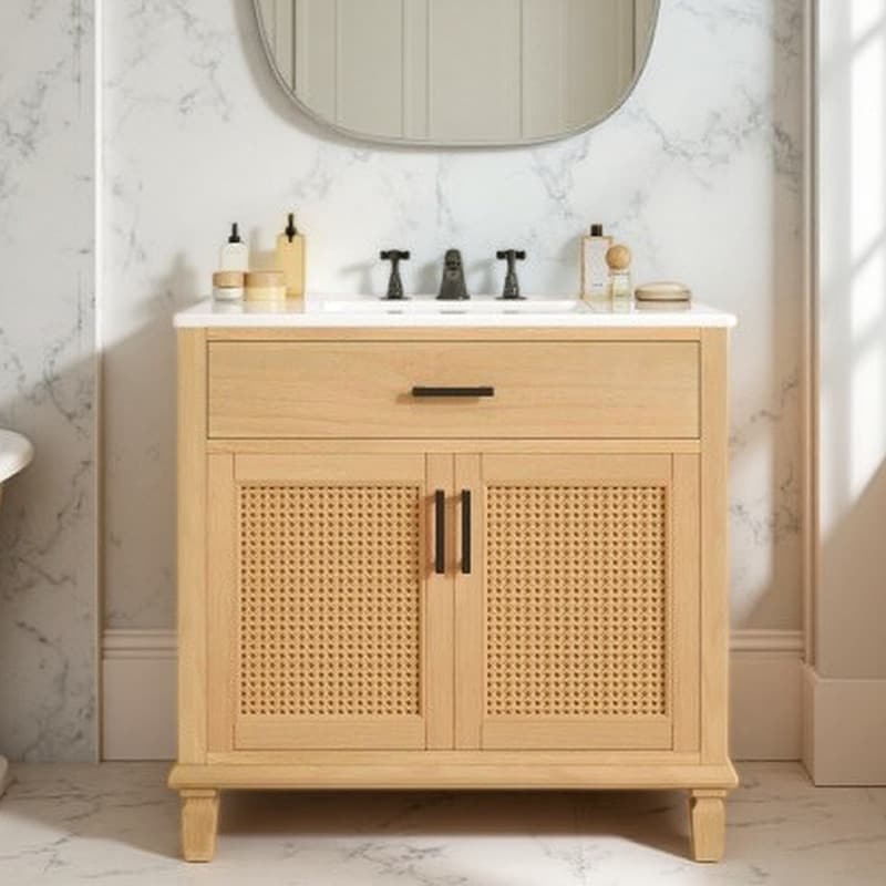 36 Natural Rattan Bathroom Vanity With Ceramic Sink Freestanding Bathroom Cabinet With Soft Close Doors 3 Drawers
