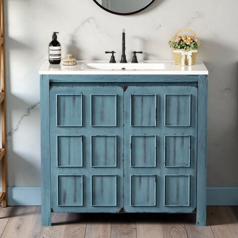 36 Retro Bathroom Vanity With Ceramic Sink Freestanding Storage Cabinet With Soft Close Doors Solid Wood Frame