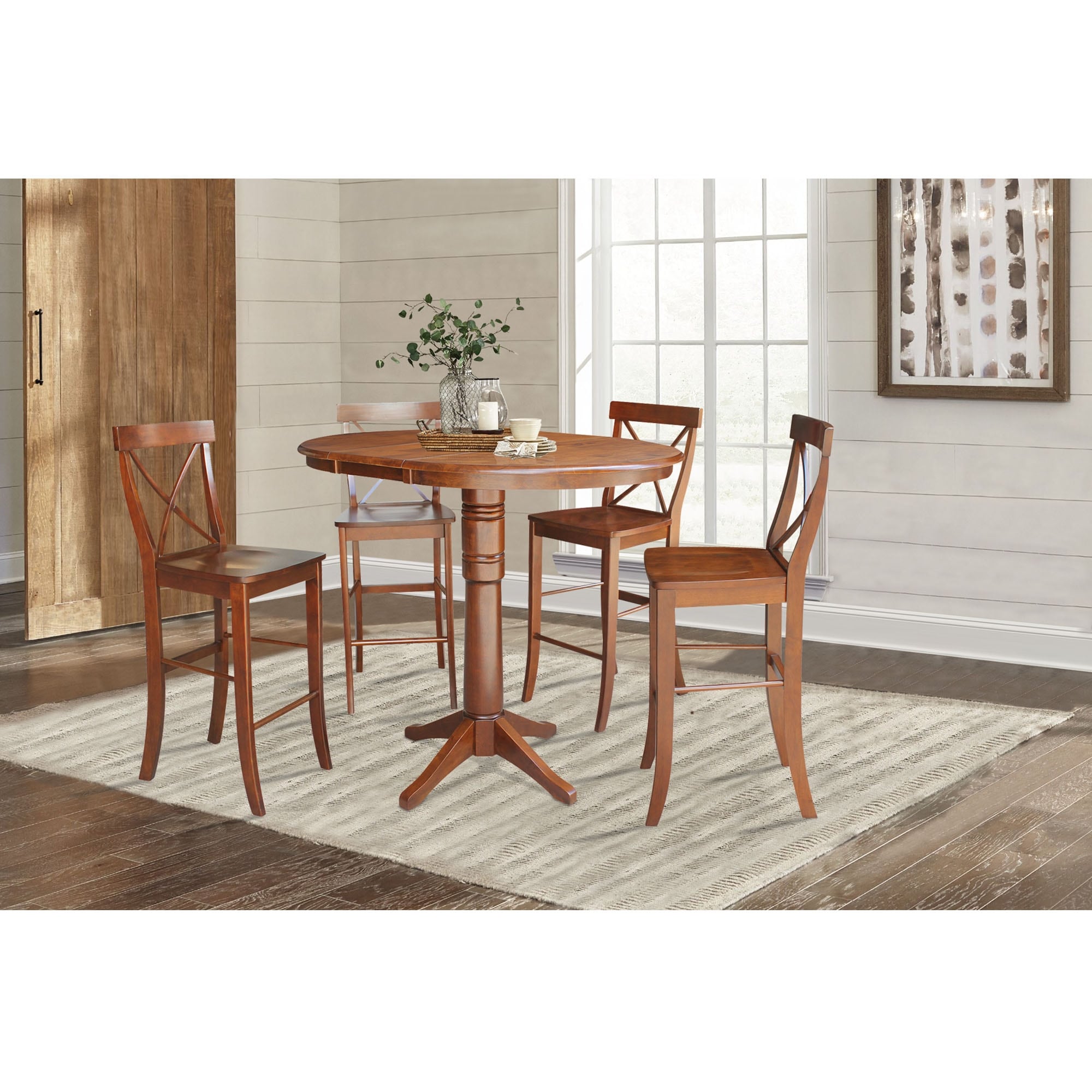36 Round Bar Height Table With 12 Leaf And 4 X Back Stools Espresso 5 Piece Set