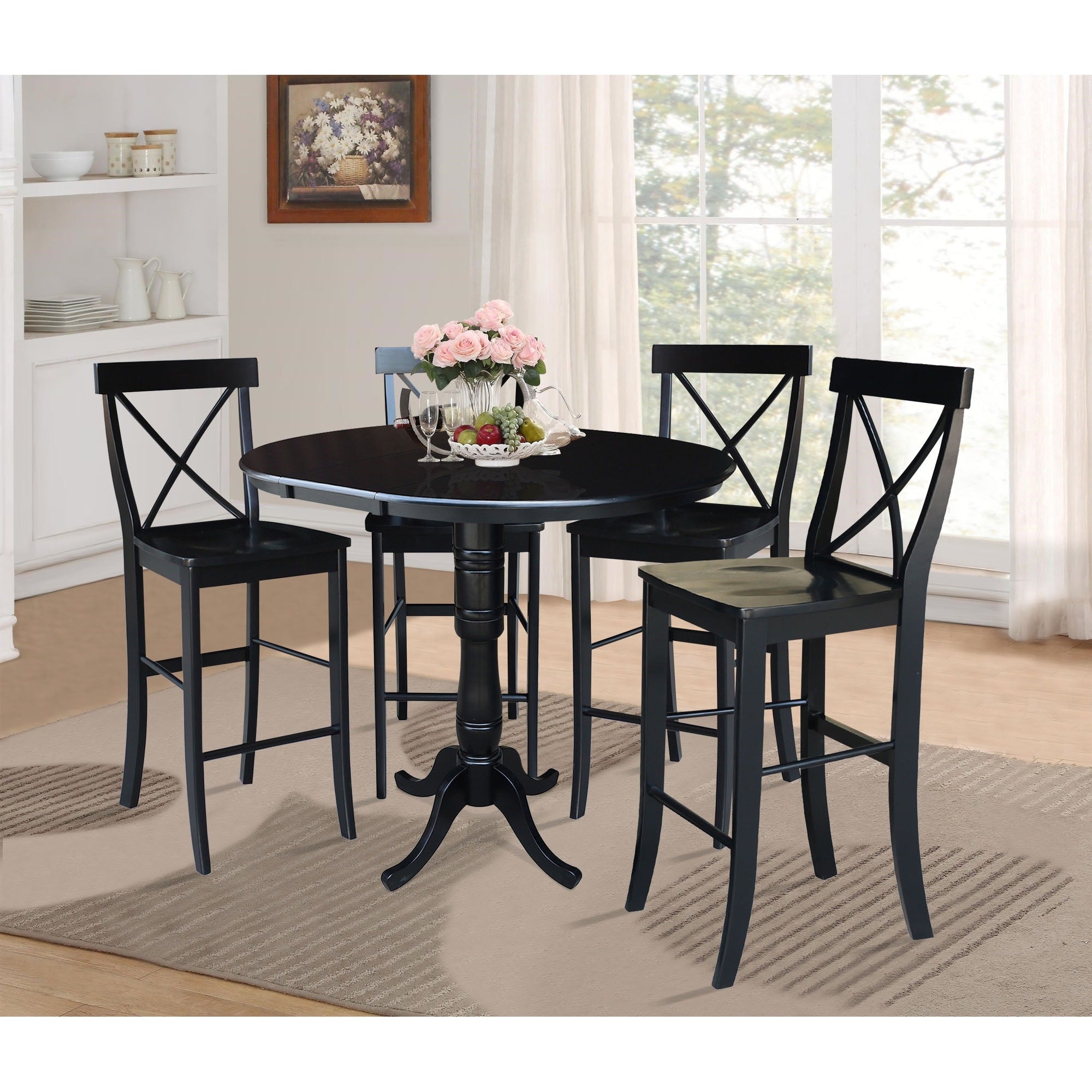 36 Round Bar Height Table With 12 Leaf And 4 X Back Stools Black 5 Piece Set