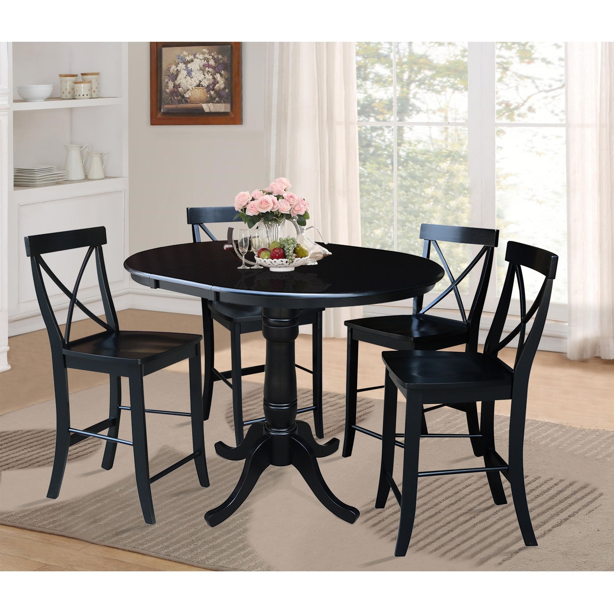 36 Round Counter Height Table With 12 Leaf And 4 X Back Stools Black 5 Piece Set