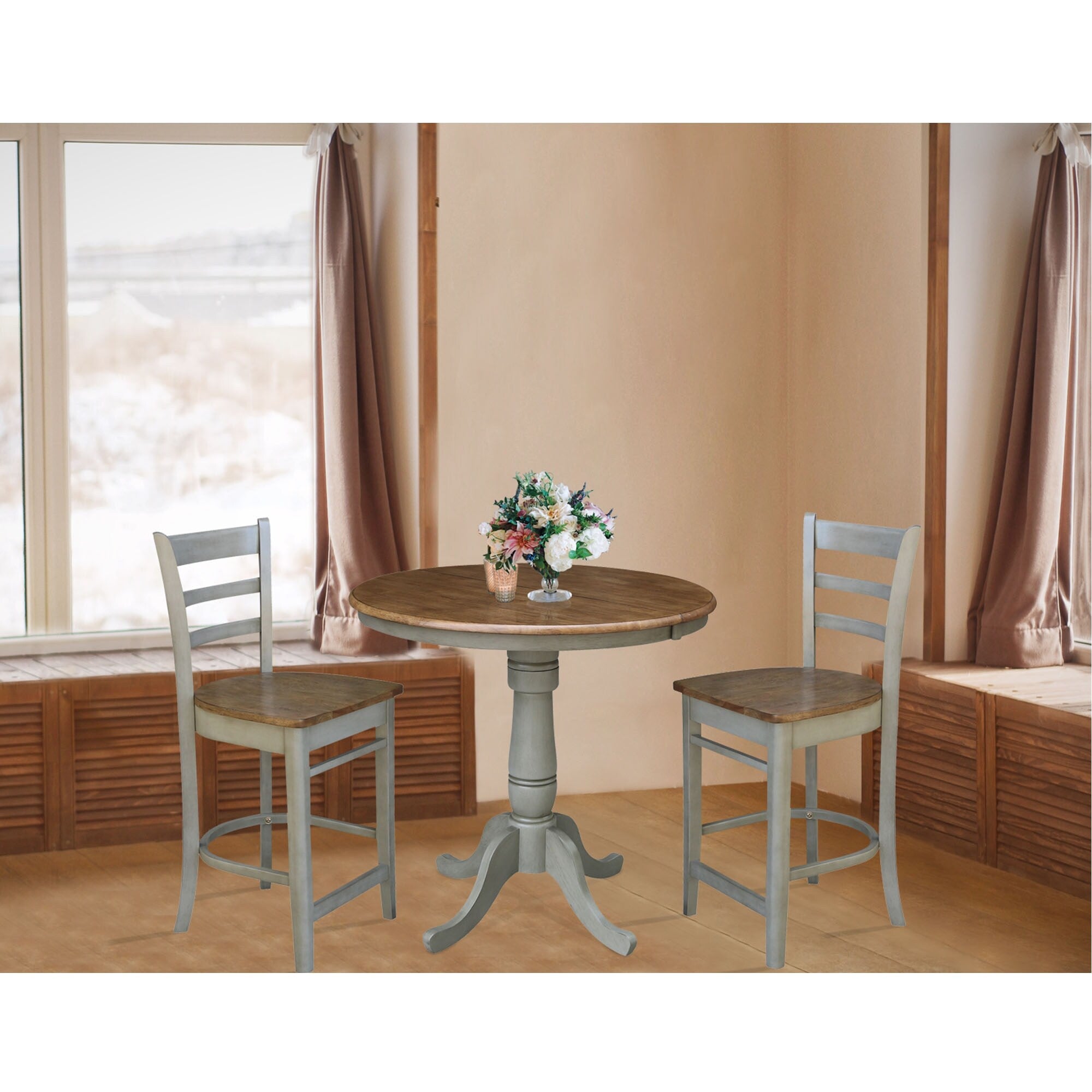 36 Round Extension Dining Table With 2 Emily Counter Height Stools Set Of 3 Pieces