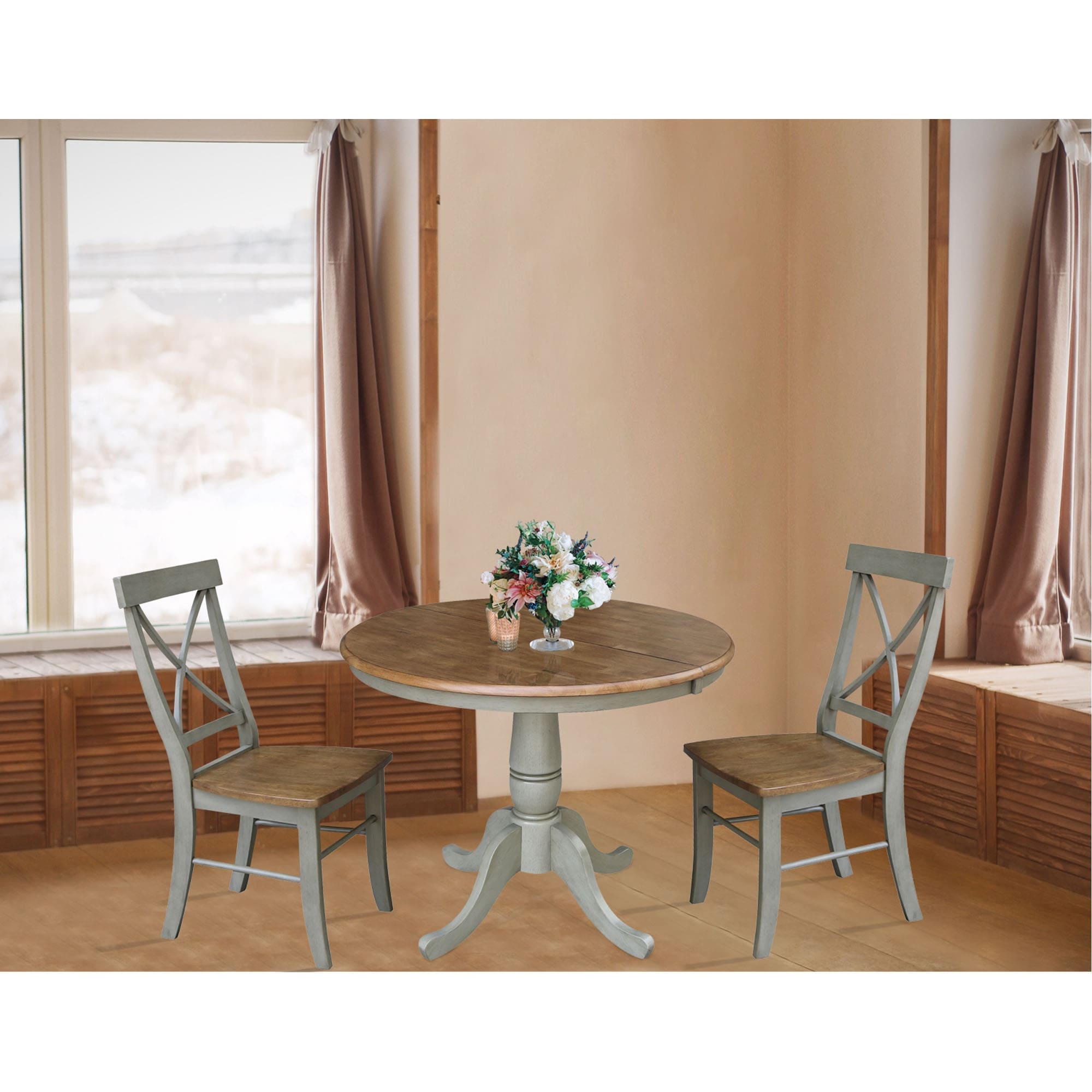 36 Round Extension Dining Table With 2 X Back Chairs Set Of 3 Pieces