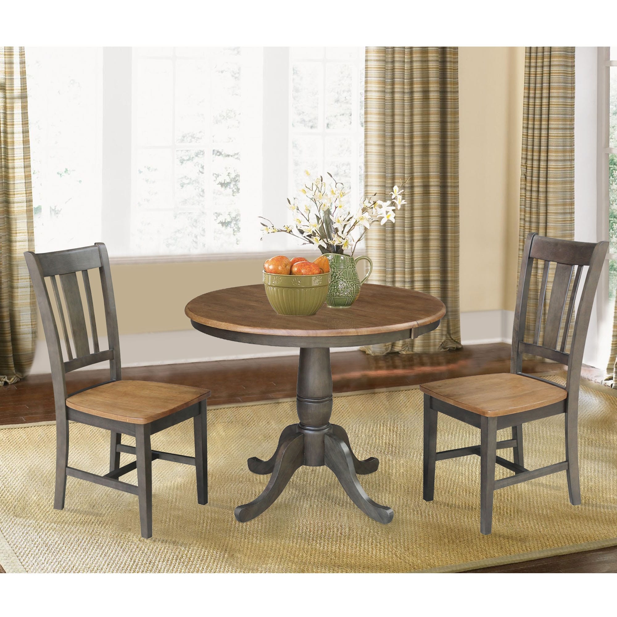 36 Round Extension Dining Table With 2 Chairs In Hickory And Washed Coal