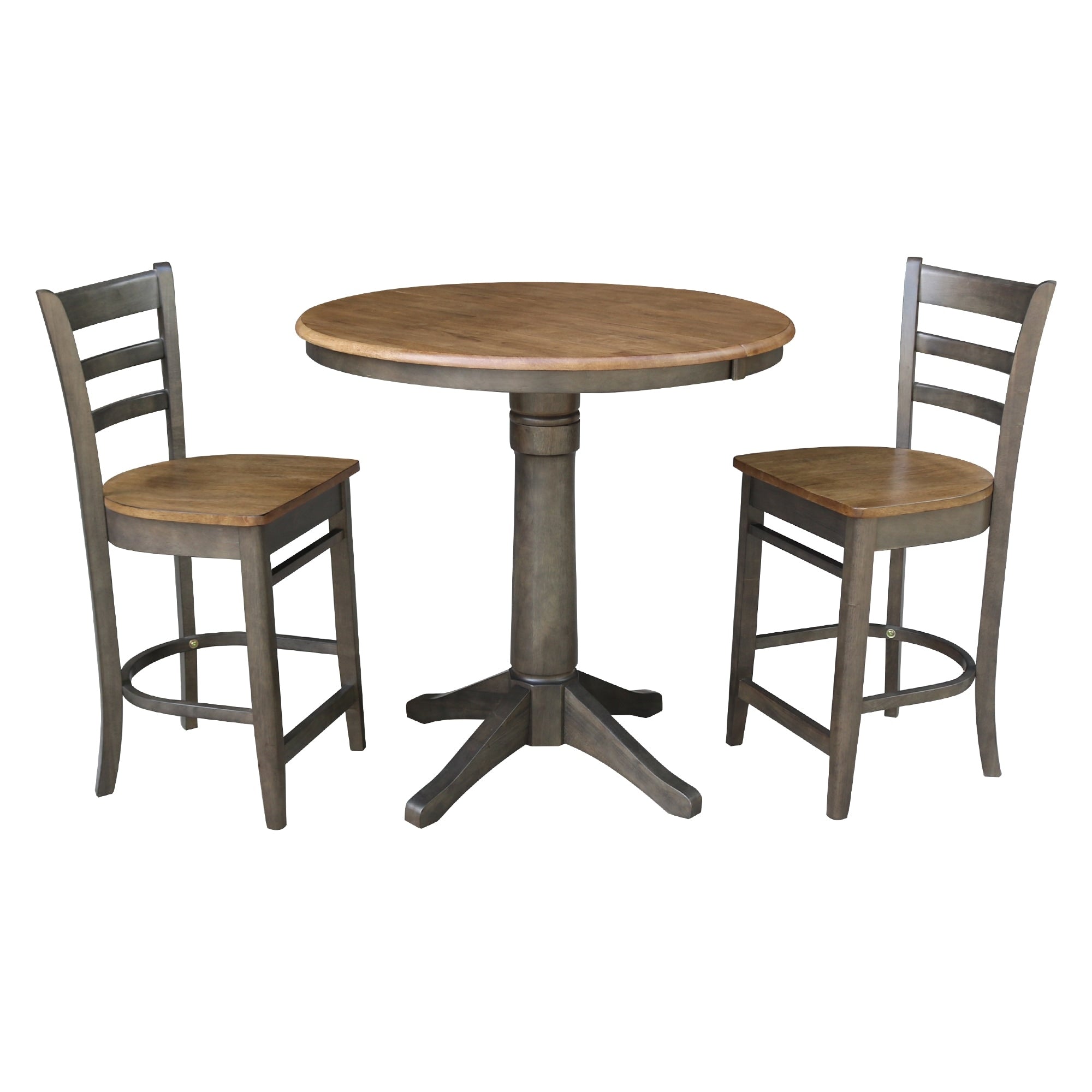 36 Round Extension Dining Table With 2 Counter Height Stools In Hickory And Washed Coal