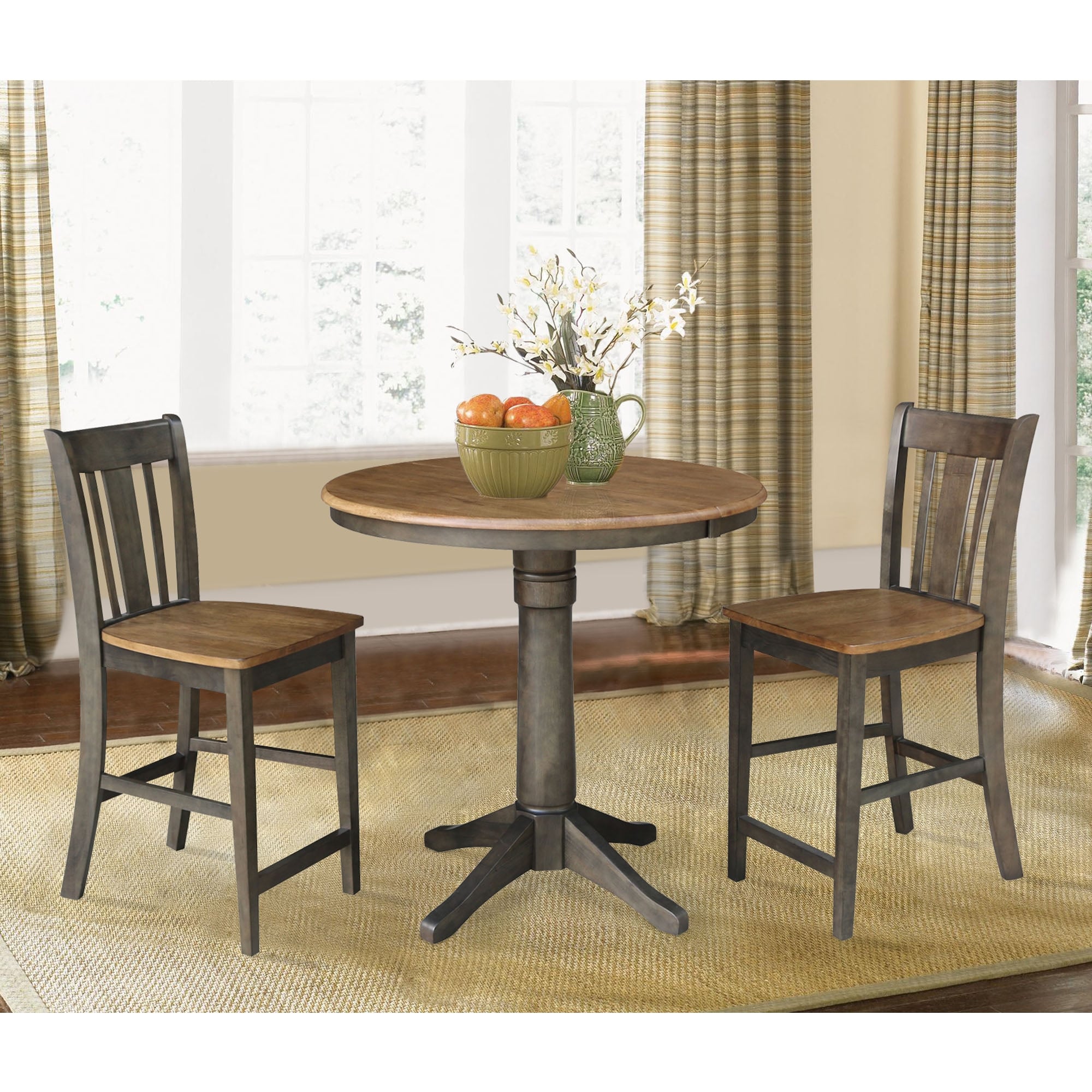 36 Round Extension Dining Table With 2 San Remo Counter Height Stools In Hickory And Washed Coal