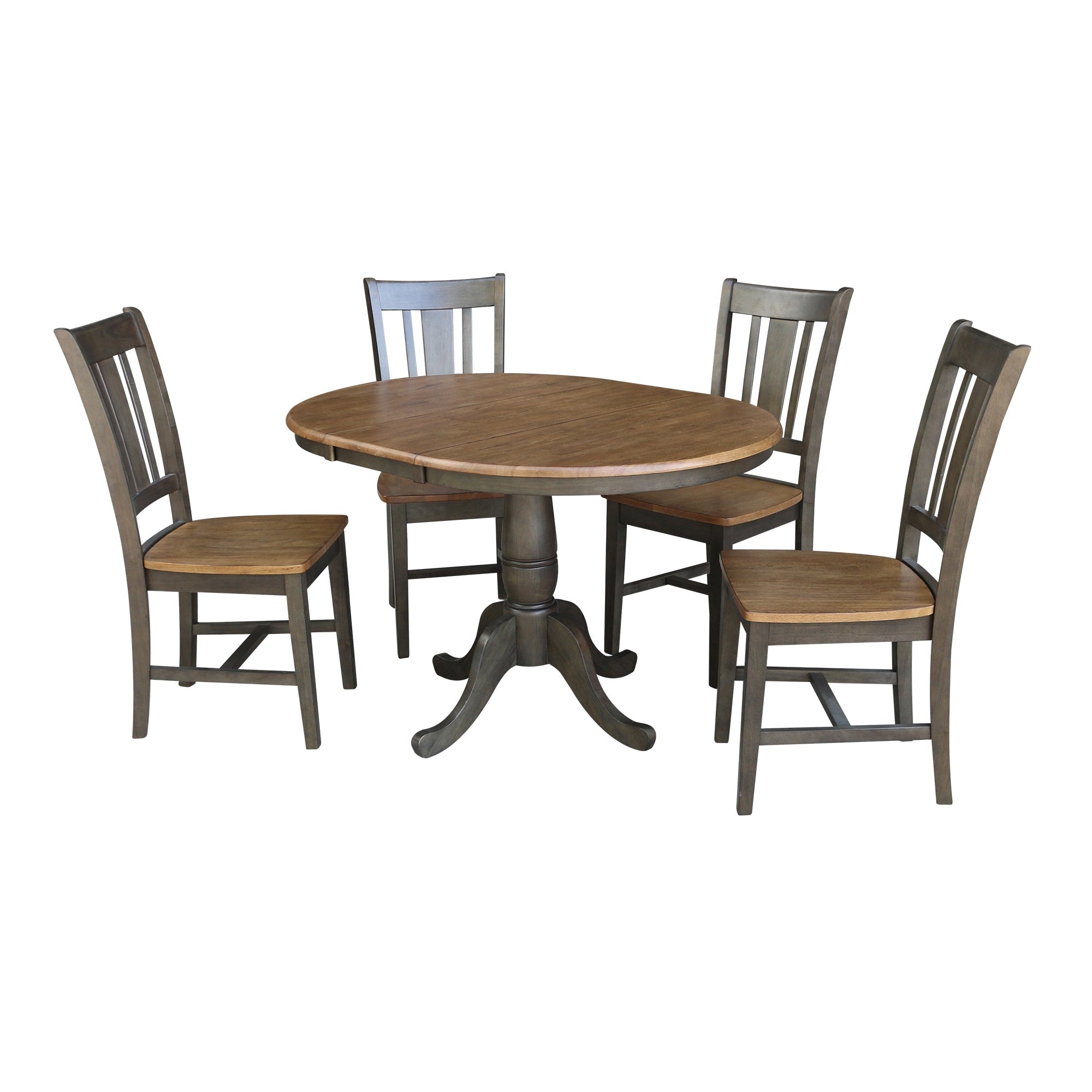 36 Round Extension Dining Table With 4 Chairs In Hickory And Washed Coal