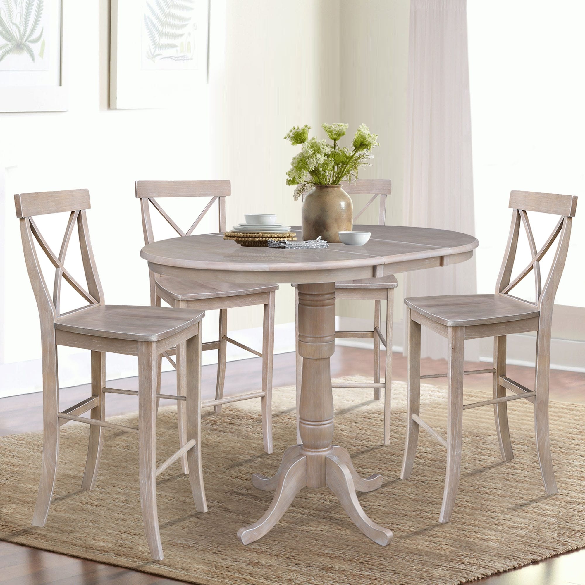 36 Round Extension Dining Table With Four Barheight Stools Washed Gary Taupe