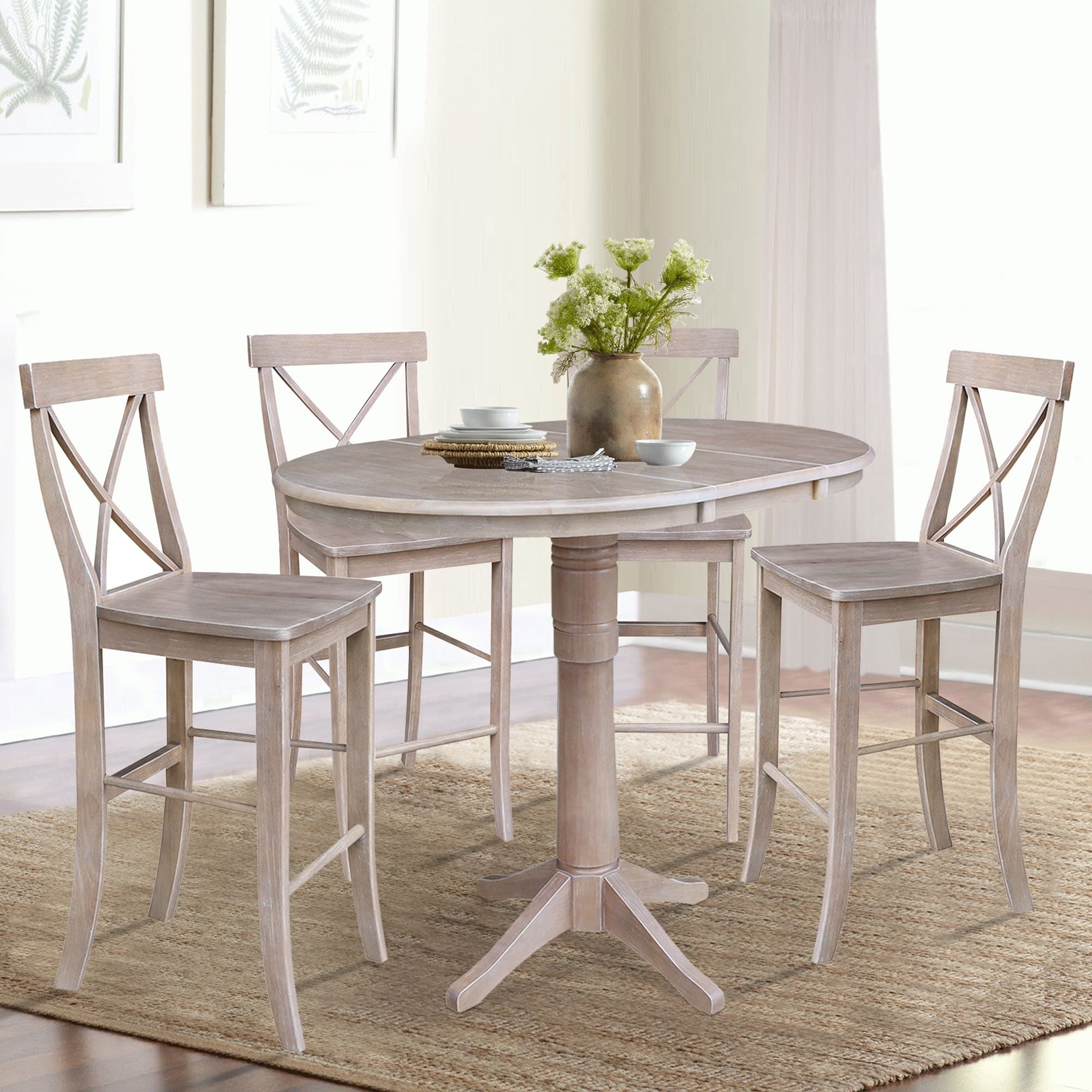 36 Round Extension Dining Table With Four Barheight Stools Washed Gary Taupe