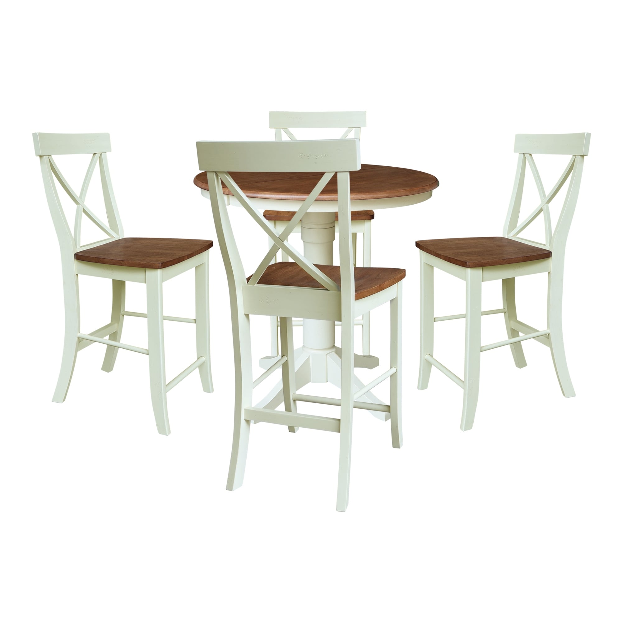 36 Round Extension Dining Table With 2 X Back Counter Height Stools In Hickory And Washed Coal