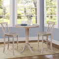 36 Round Pedestal Bar Height Table And Two Stools Weathered Grey