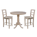 36 Round Pedestal Counter Height Table And Two Stools Weathered Grey